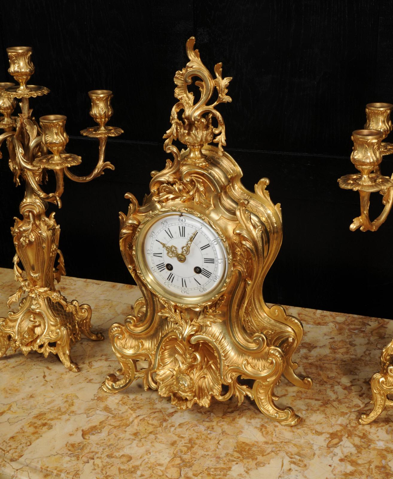 Large Antique French Ormolu Rococo Clock Set, Dolphins For Sale 7
