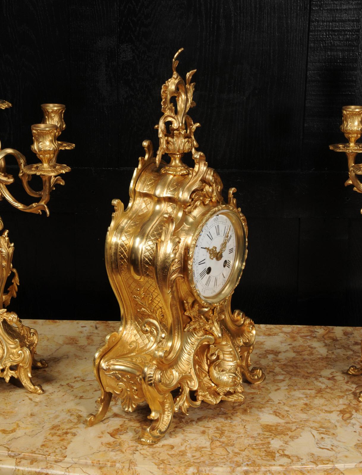 Large Antique French Ormolu Rococo Clock Set, Dolphins For Sale 1