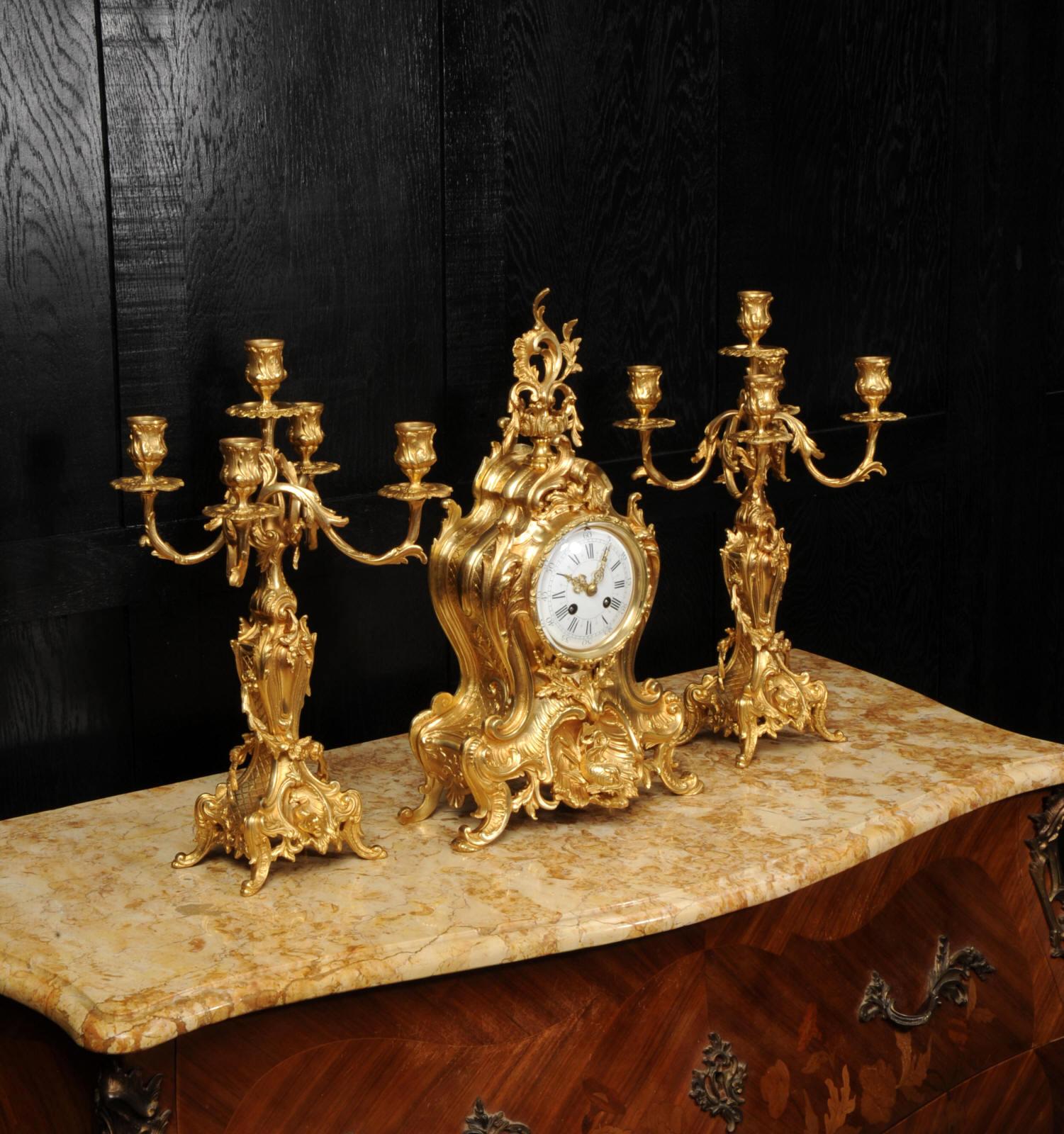 Large Antique French Ormolu Rococo Clock Set, Dolphins For Sale 4