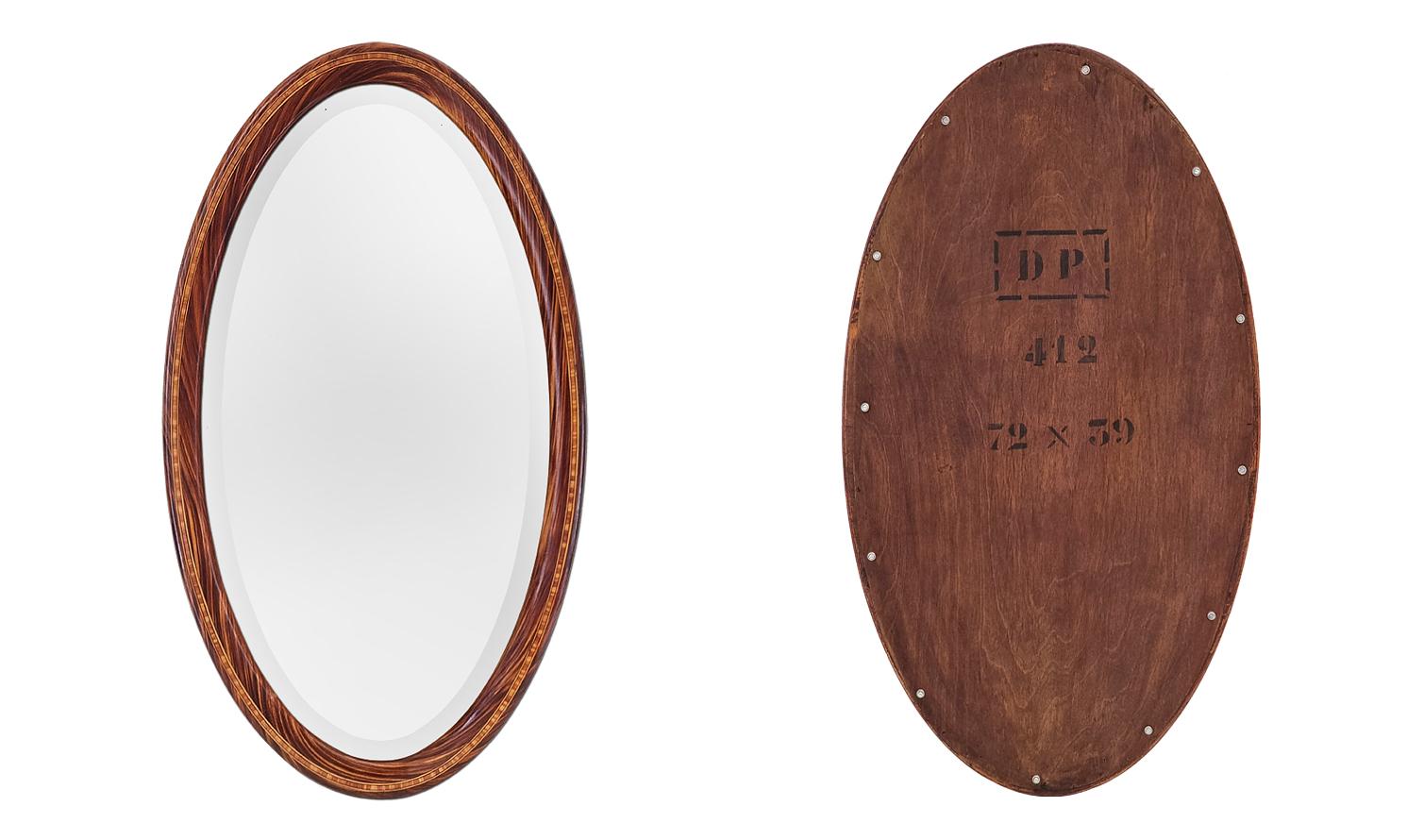 Large Antique French Oval Mirror, Wood Decor, Art Deco Period, circa 1926 For Sale 6