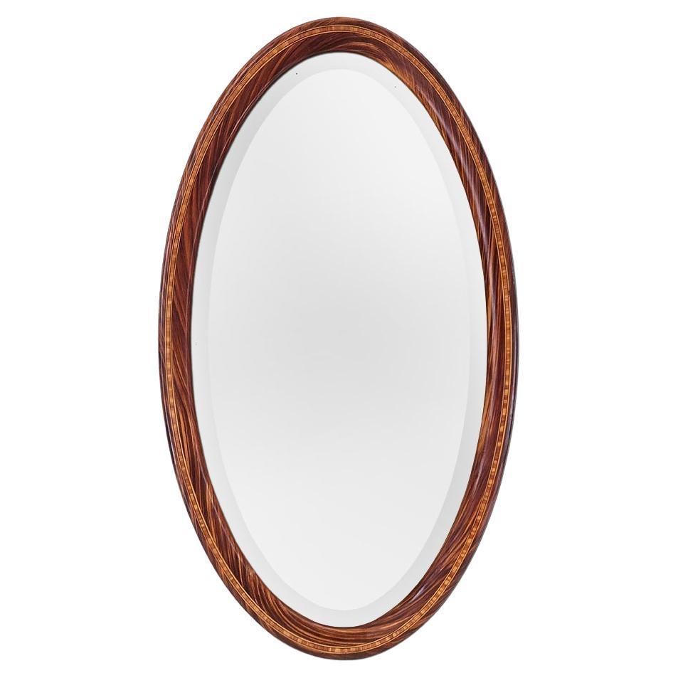 Large Antique French Oval Mirror, Wood Decor, Art Deco Period, circa 1926