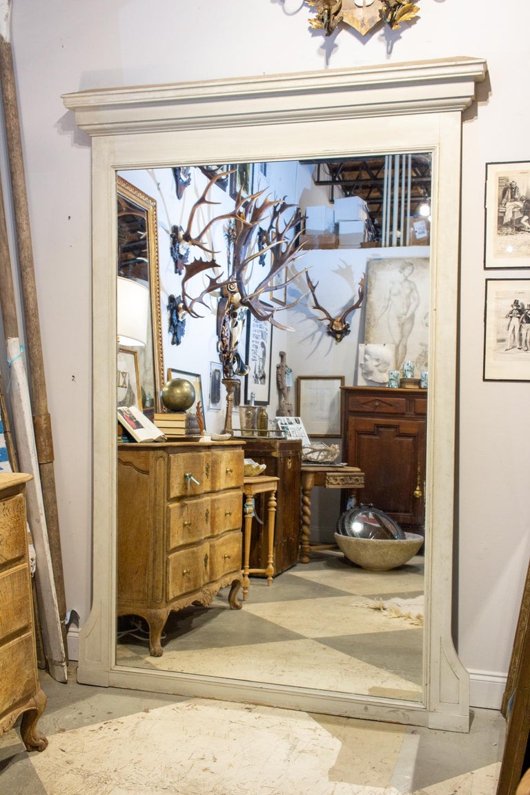 Large Antique French Painted Floor Mirror in Antiqued White at 1stDibs