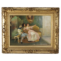 Large Antique French Painting, Interior Parlor Genre Scene, by Jos. Suss, 19th C