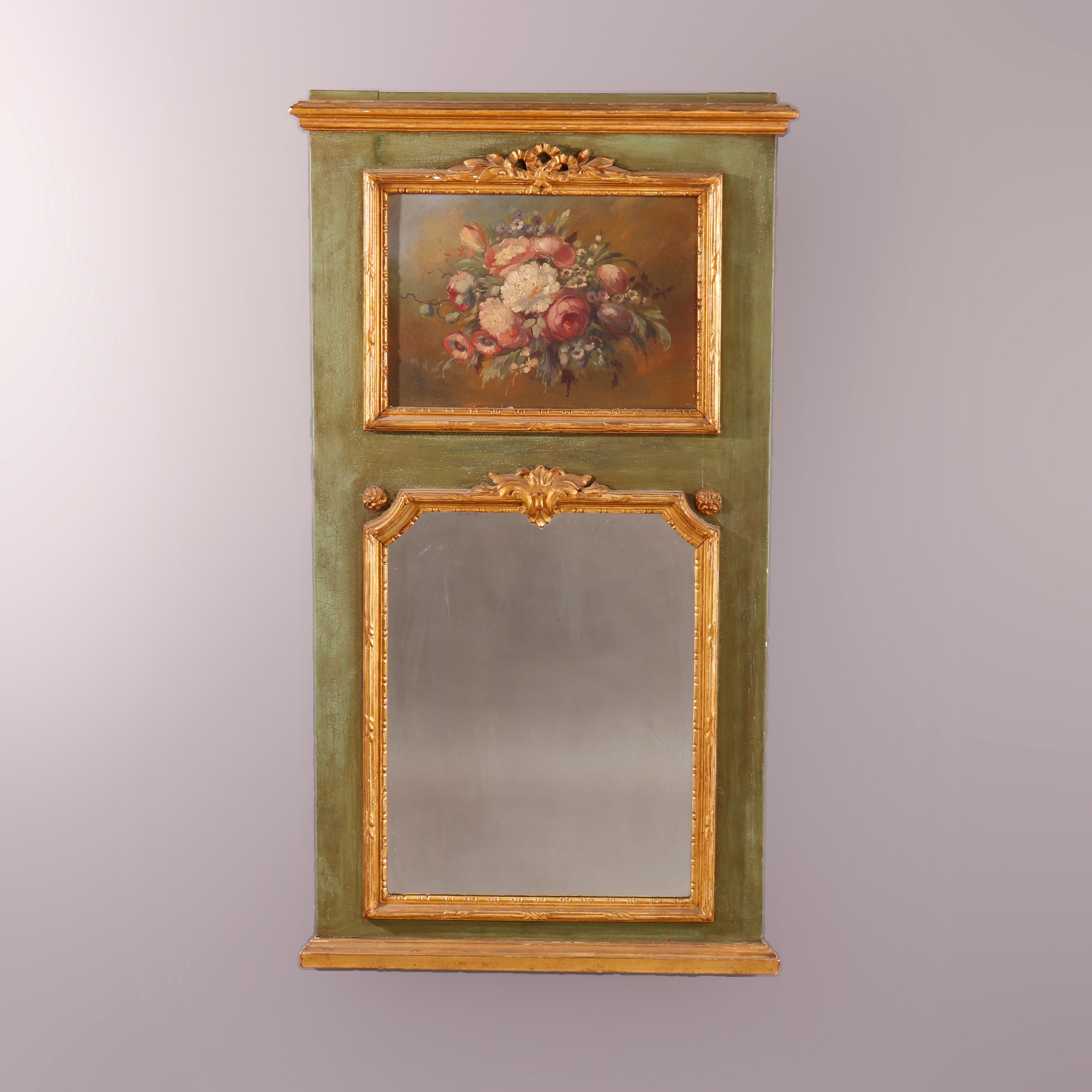 An oversized French Trumeau mirror offers green painted frame with gilt highlights and hand painted floral reserve over lower mirror, 18th C.

Measures - 46'' H x 27'' W x 2.25'' D.

Catalogue Note: Ask about DISCOUNTED DELIVERY RATES available to
