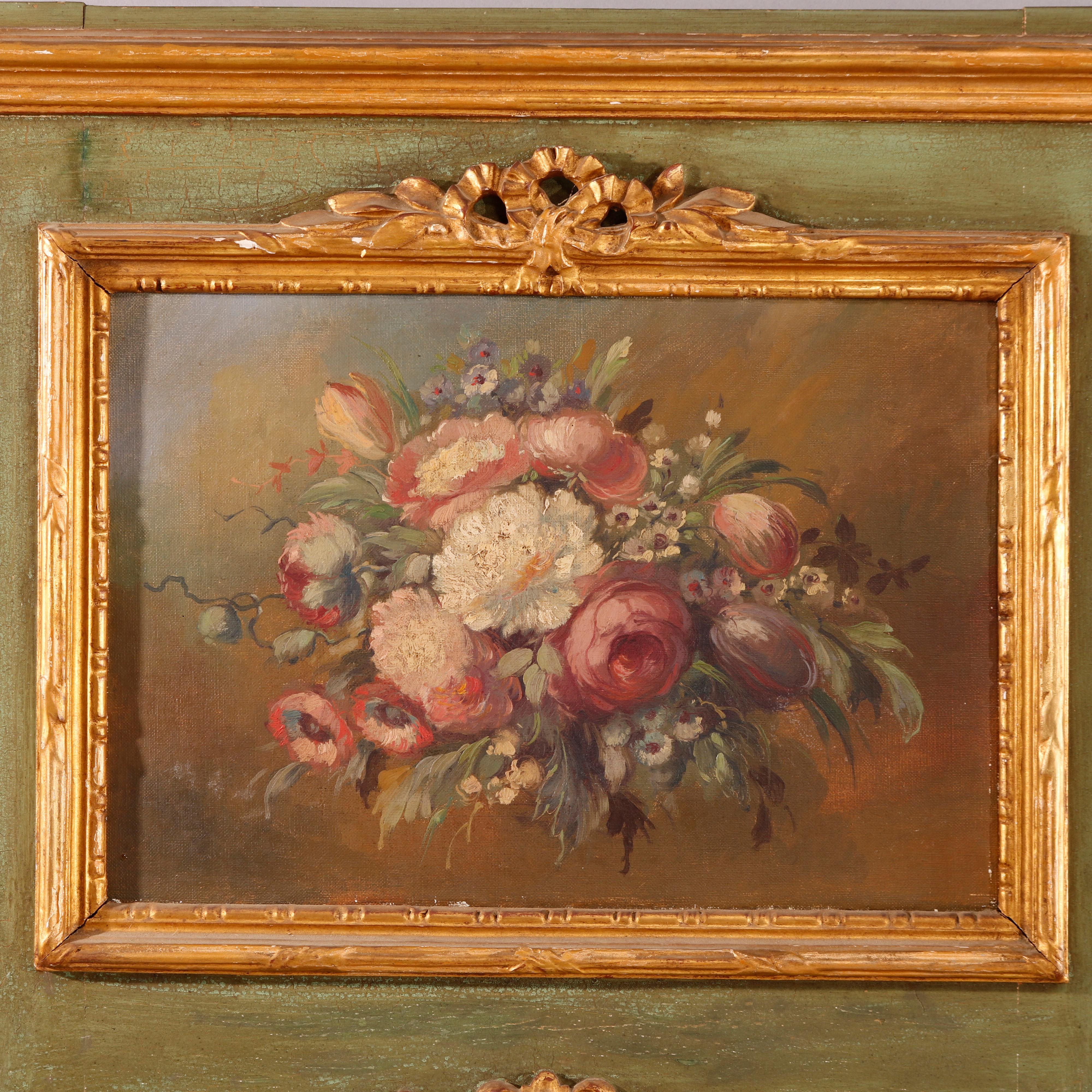 Painted Large Antique French Parcel Gilt Trumeau Wall Mirror with Floral Reserve, 18th C