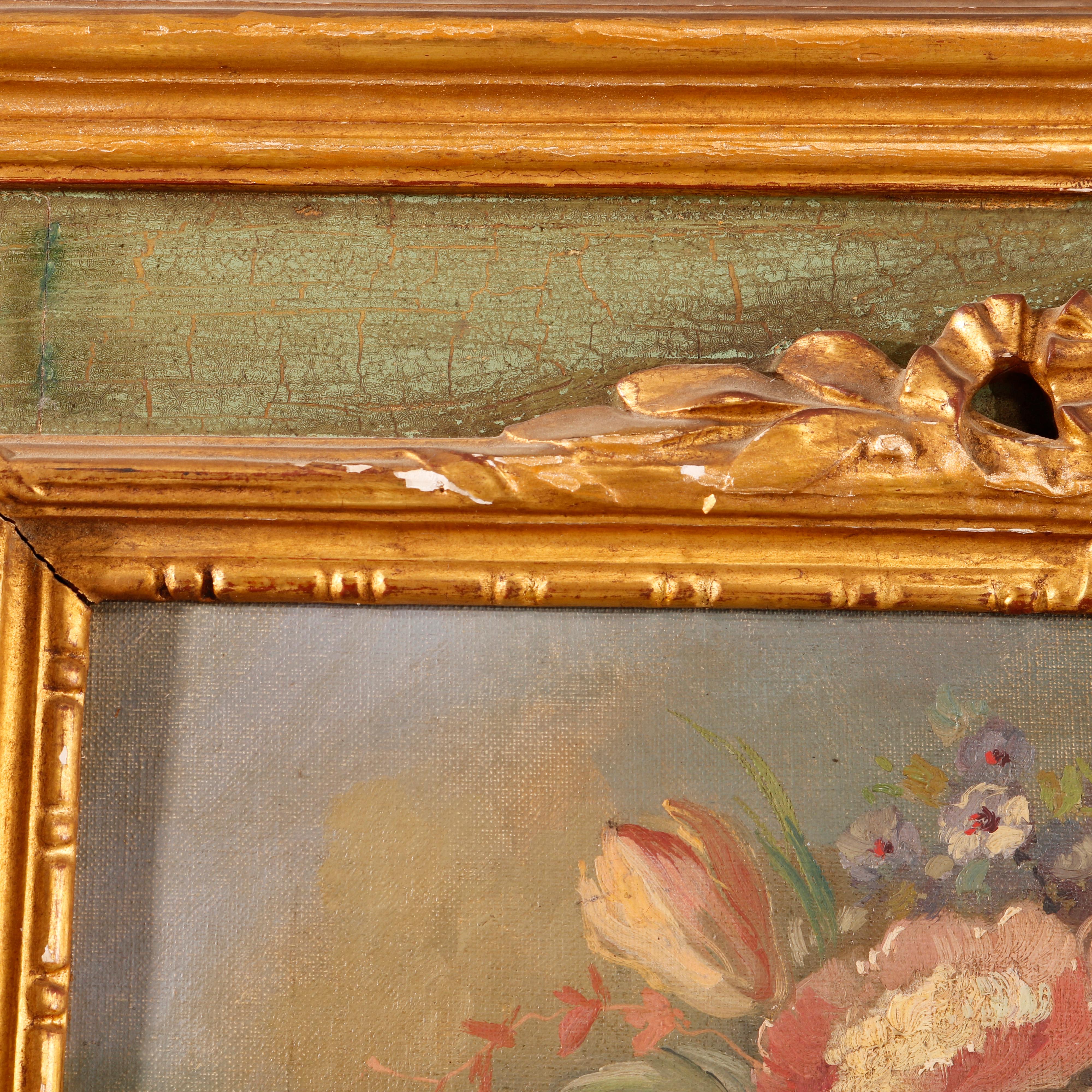 Large Antique French Parcel Gilt Trumeau Wall Mirror with Floral Reserve, 18th C In Good Condition In Big Flats, NY