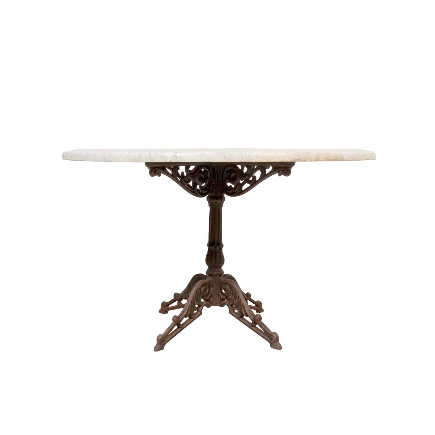Gran Mesa Bistro Parisina Antique French con Base de Hierro y Tapa de Mármol Francés en venta