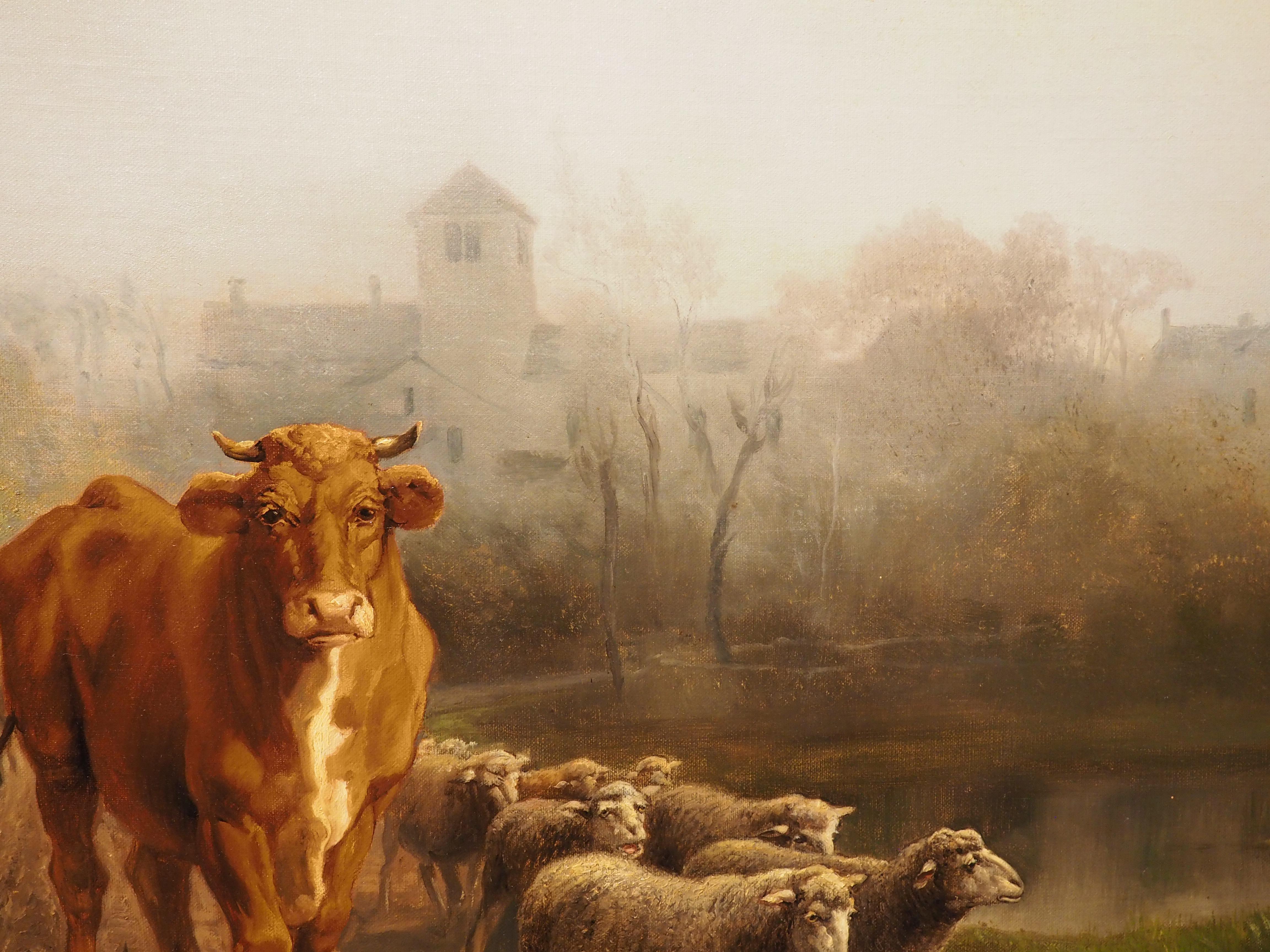 Grande peinture à l'huile pastorale française ancienne de Theodore Levigne, 1883 en vente 4
