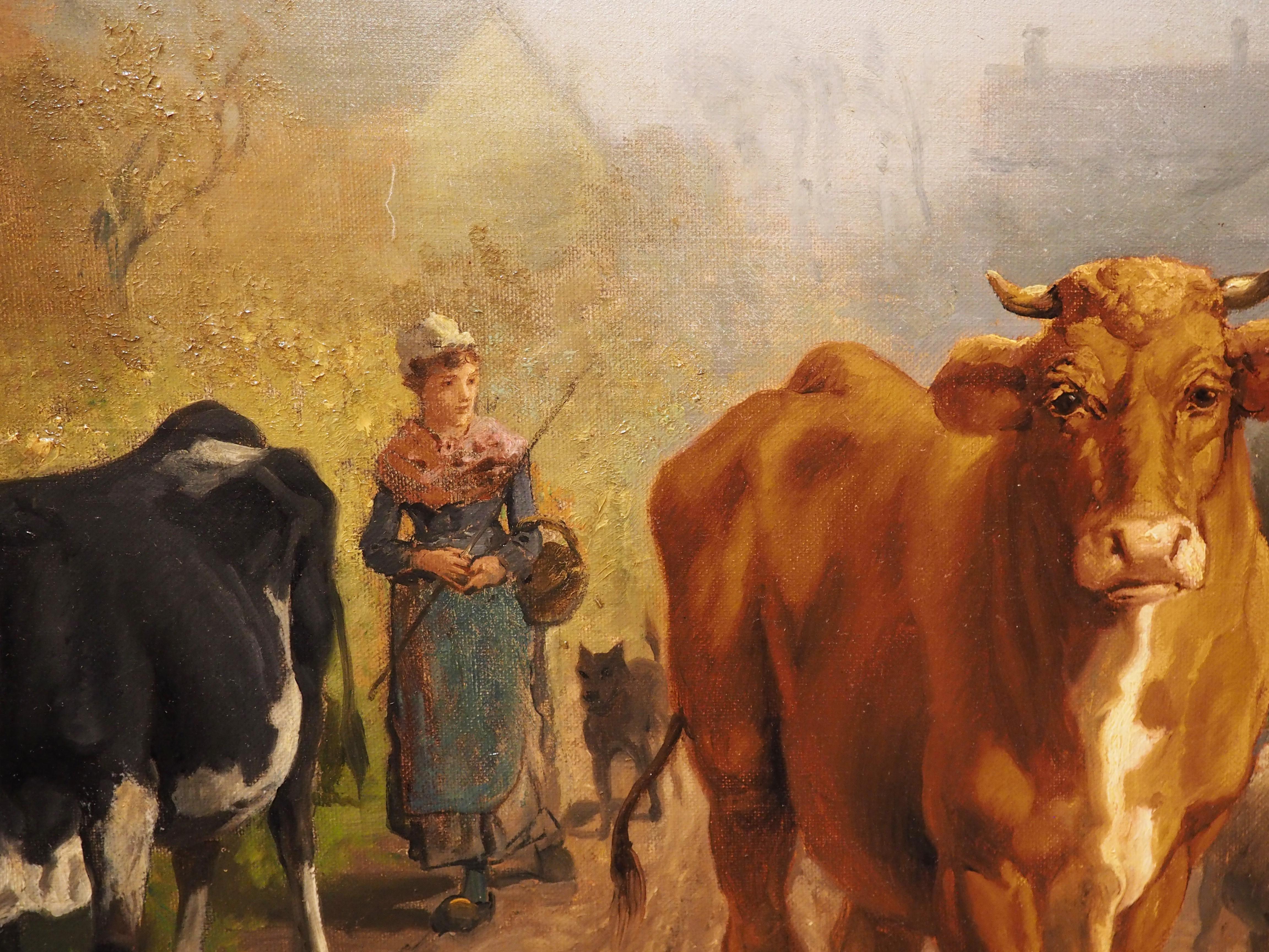 Grande peinture à l'huile pastorale française ancienne de Theodore Levigne, 1883 en vente 8