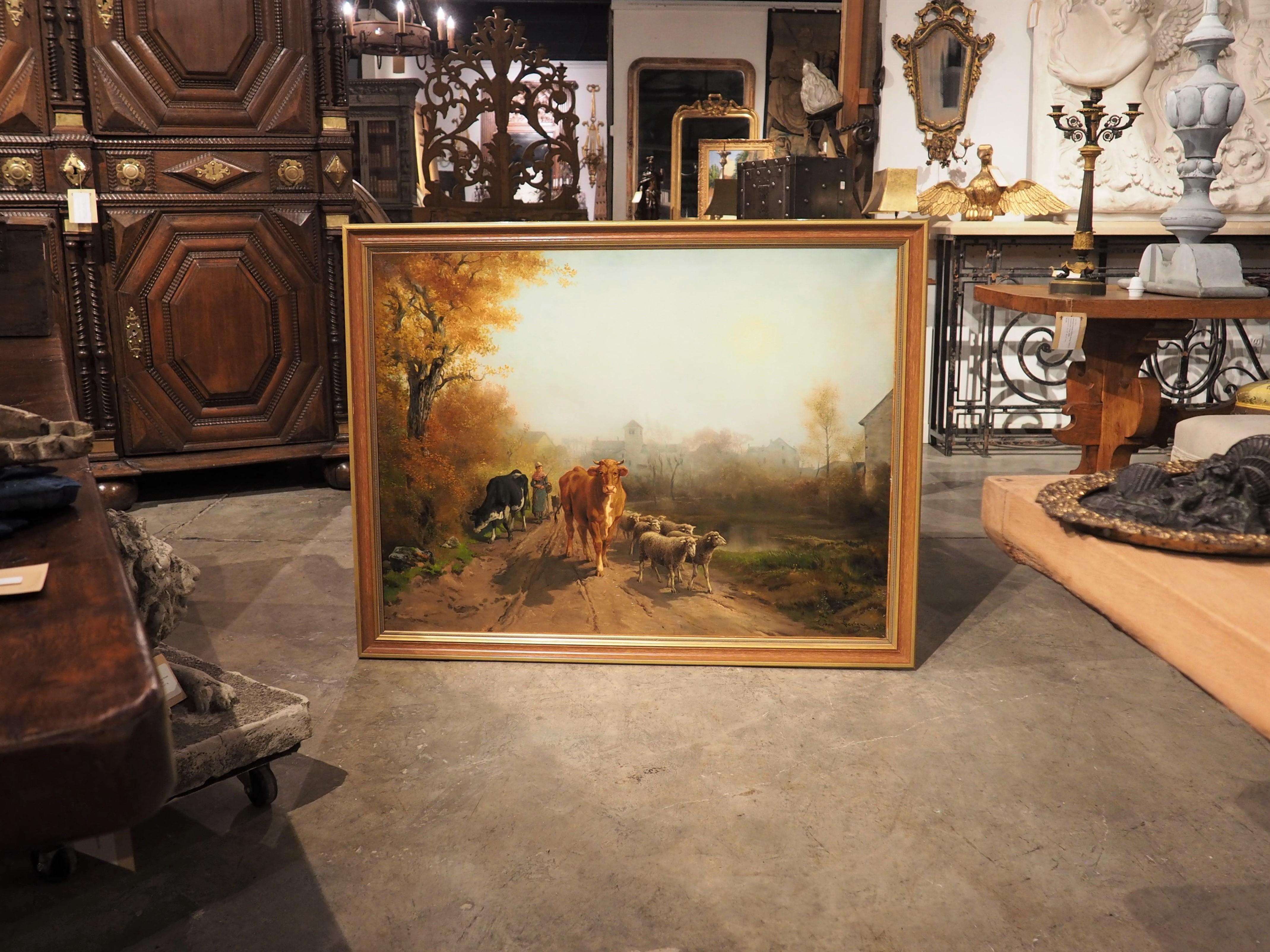 Large Antique French Pastoral Oil Painting by Theodore Levigne, 1883 For Sale 11