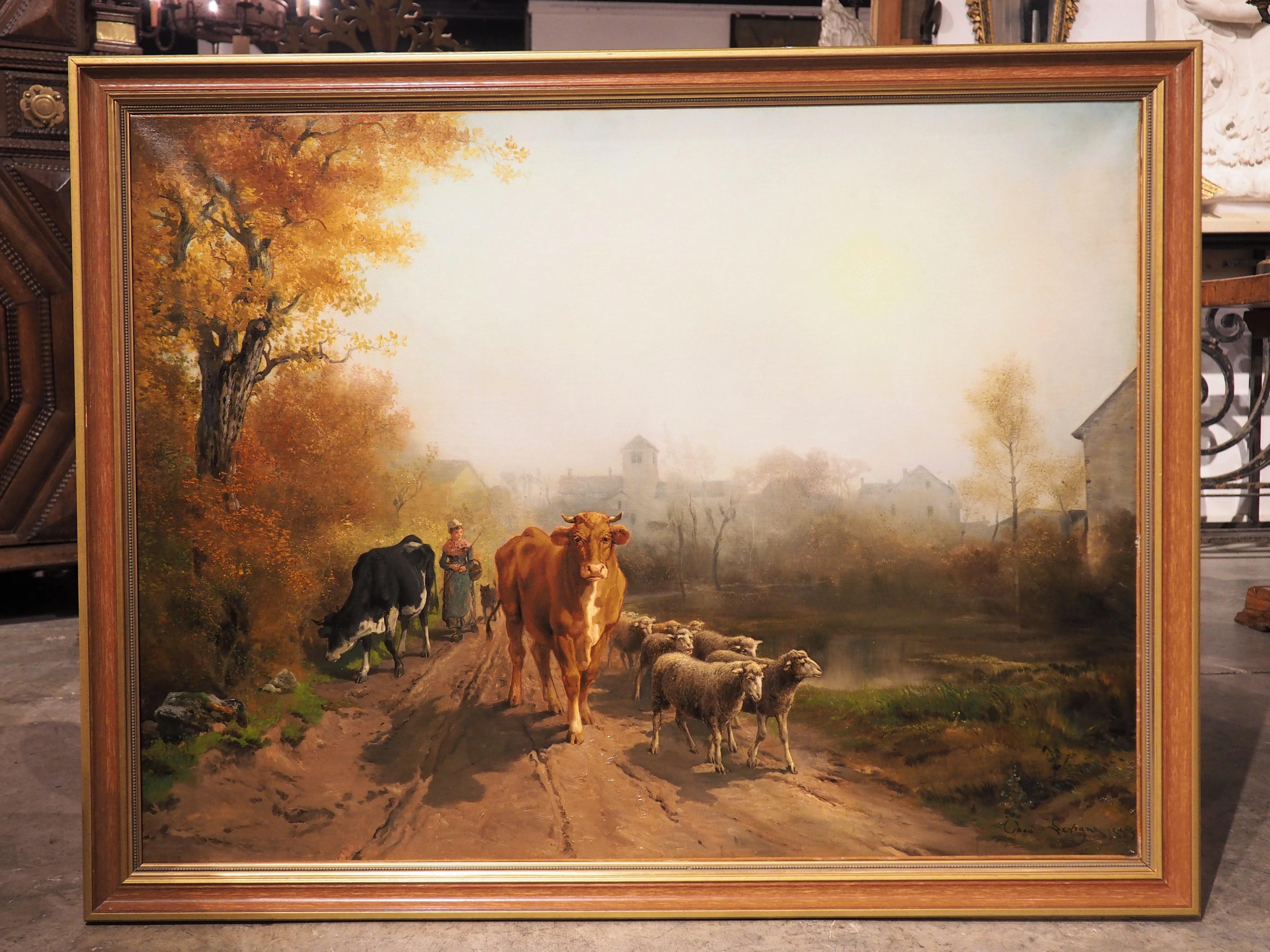 Large Antique French Pastoral Oil Painting by Theodore Levigne, 1883 For Sale 13