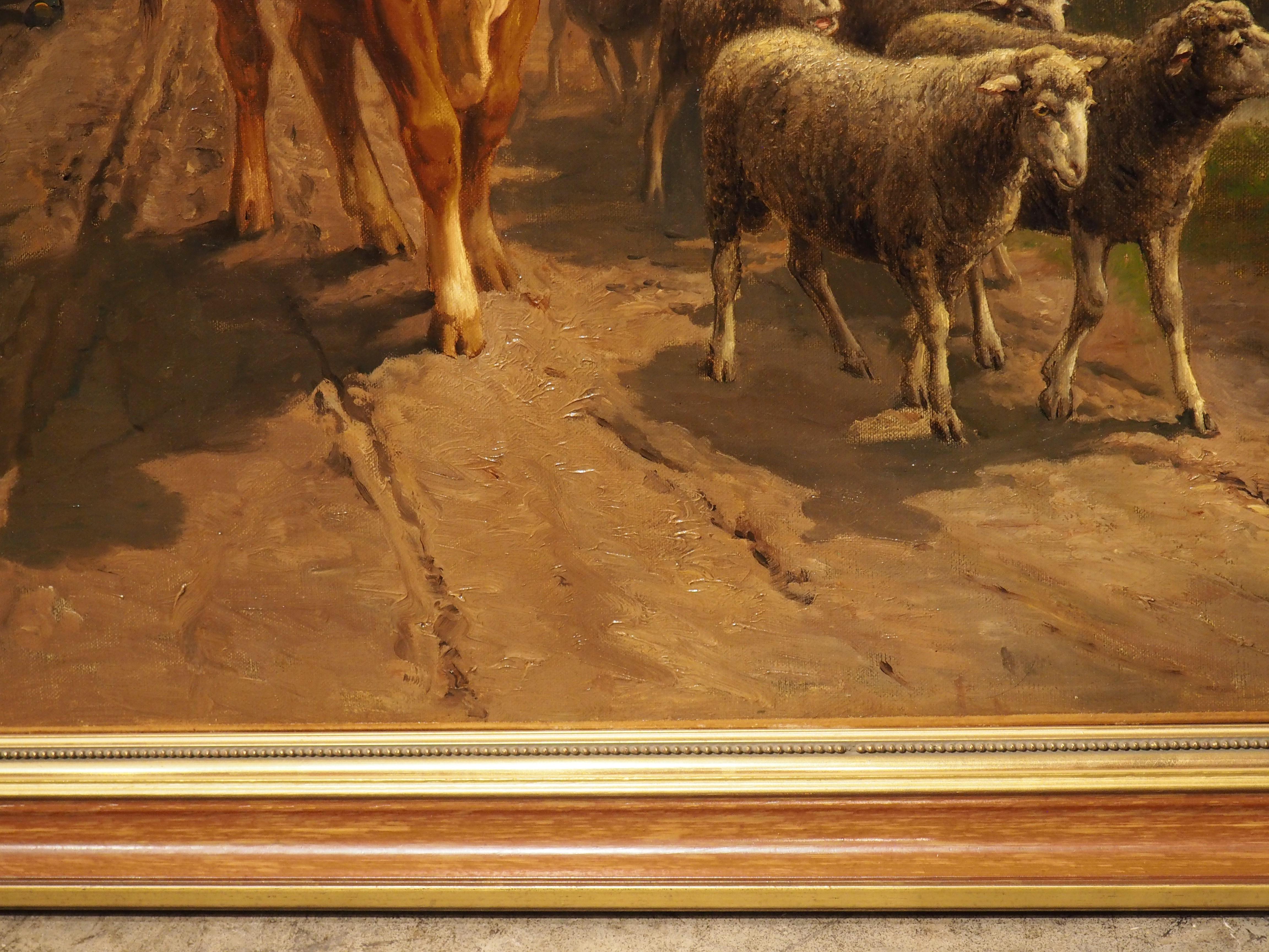 Gilt Large Antique French Pastoral Oil Painting by Theodore Levigne, 1883 For Sale