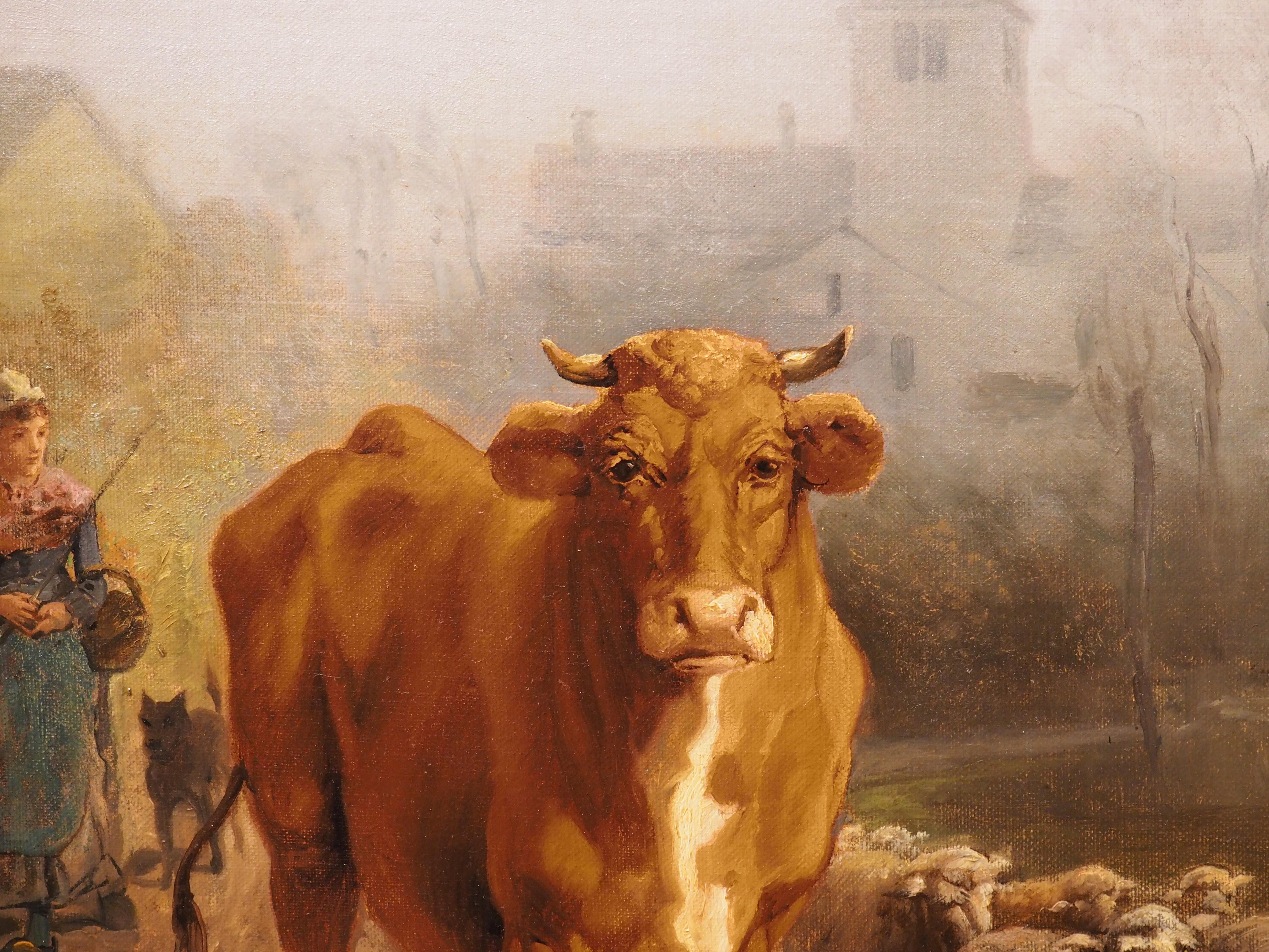 Large Antique French Pastoral Oil Painting by Theodore Levigne, 1883 In Good Condition For Sale In Dallas, TX