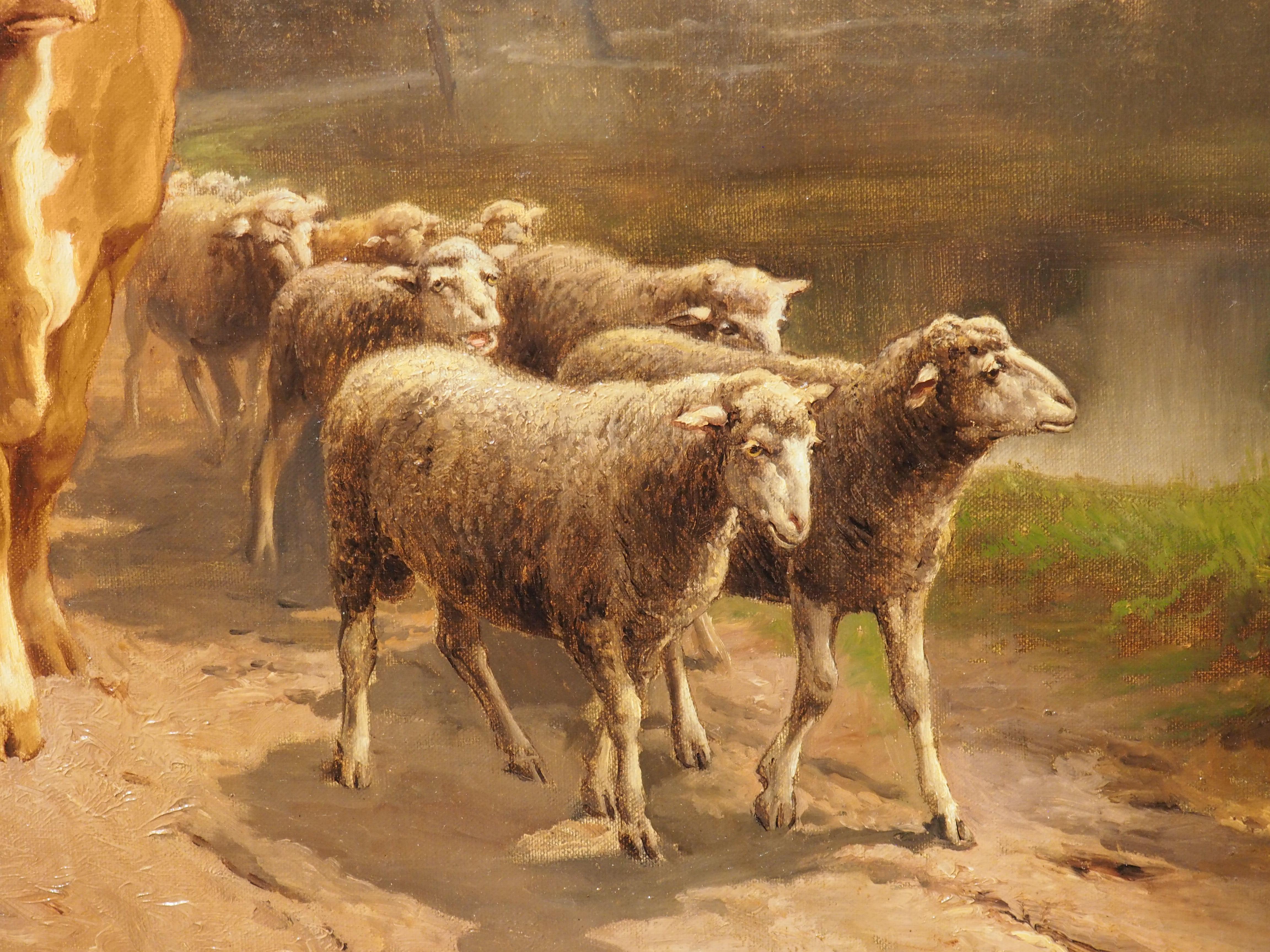 Fin du XIXe siècle Grande peinture à l'huile pastorale française ancienne de Theodore Levigne, 1883 en vente