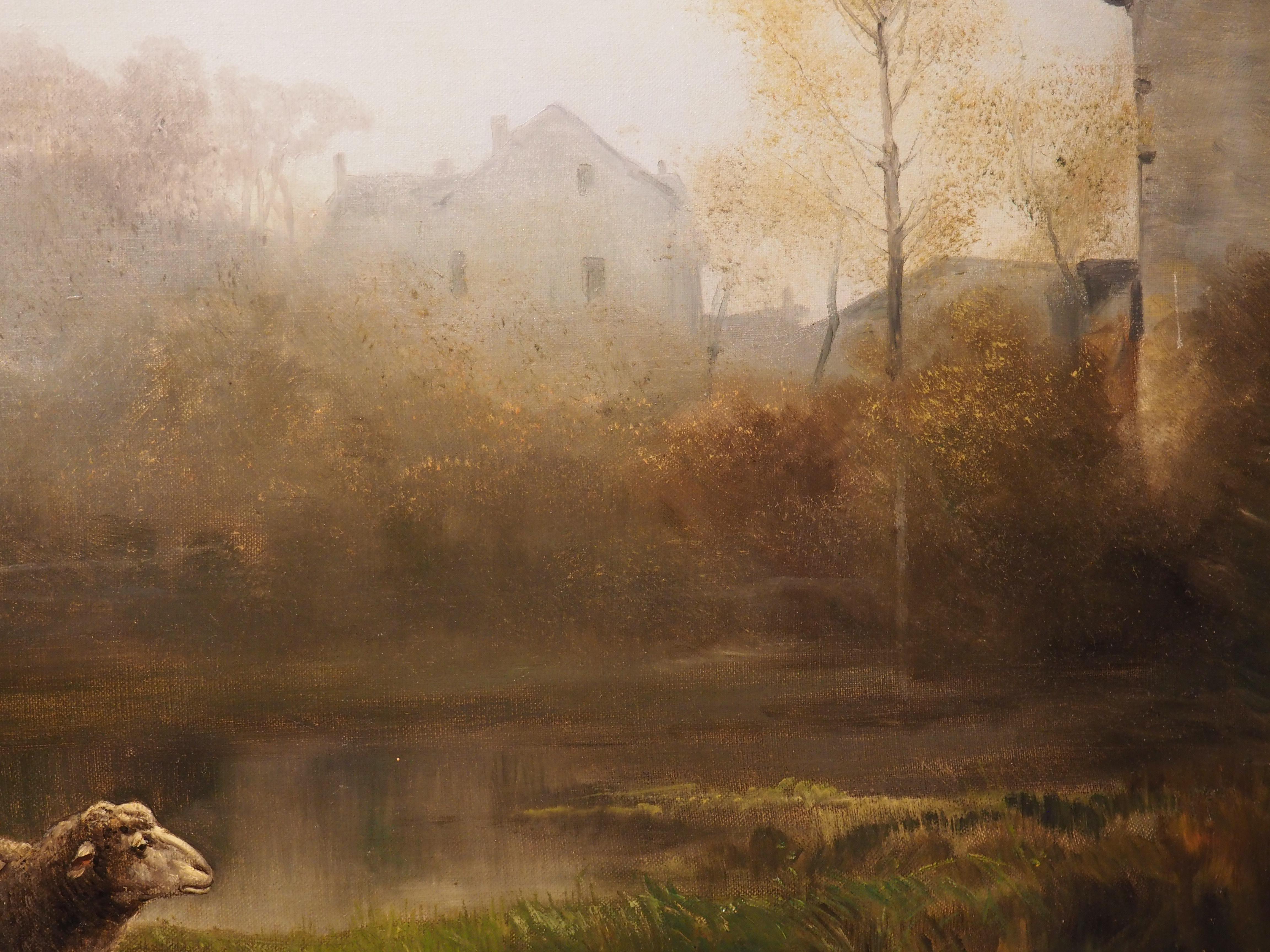 Toile Grande peinture à l'huile pastorale française ancienne de Theodore Levigne, 1883 en vente