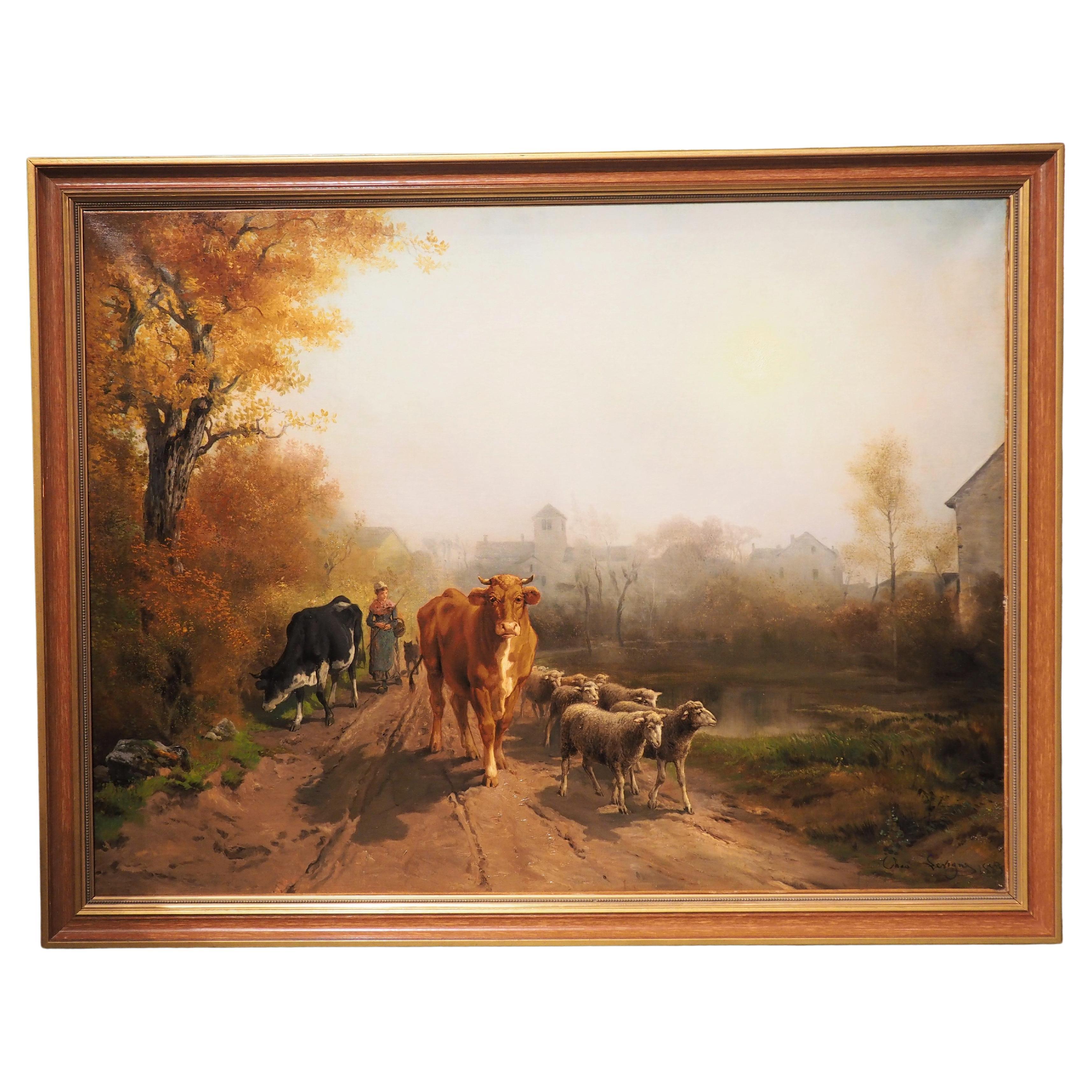 Grande peinture à l'huile pastorale française ancienne de Theodore Levigne, 1883