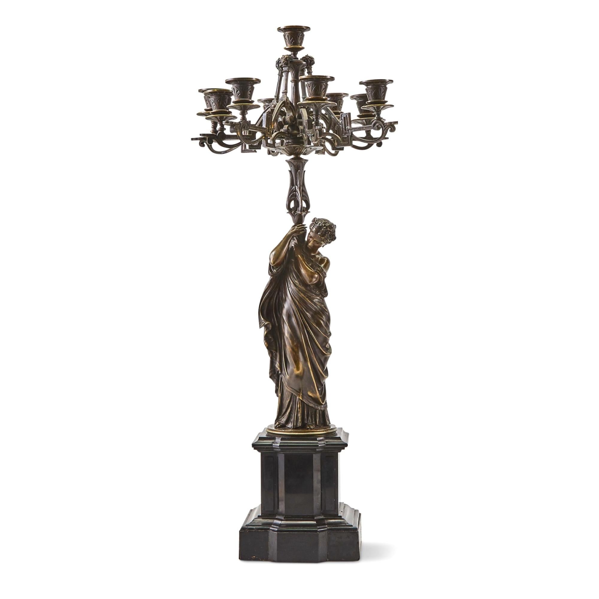 Large Antique French Patinated Bronze/Gilt Seven-Light Candelabras After Moreau For Sale 5