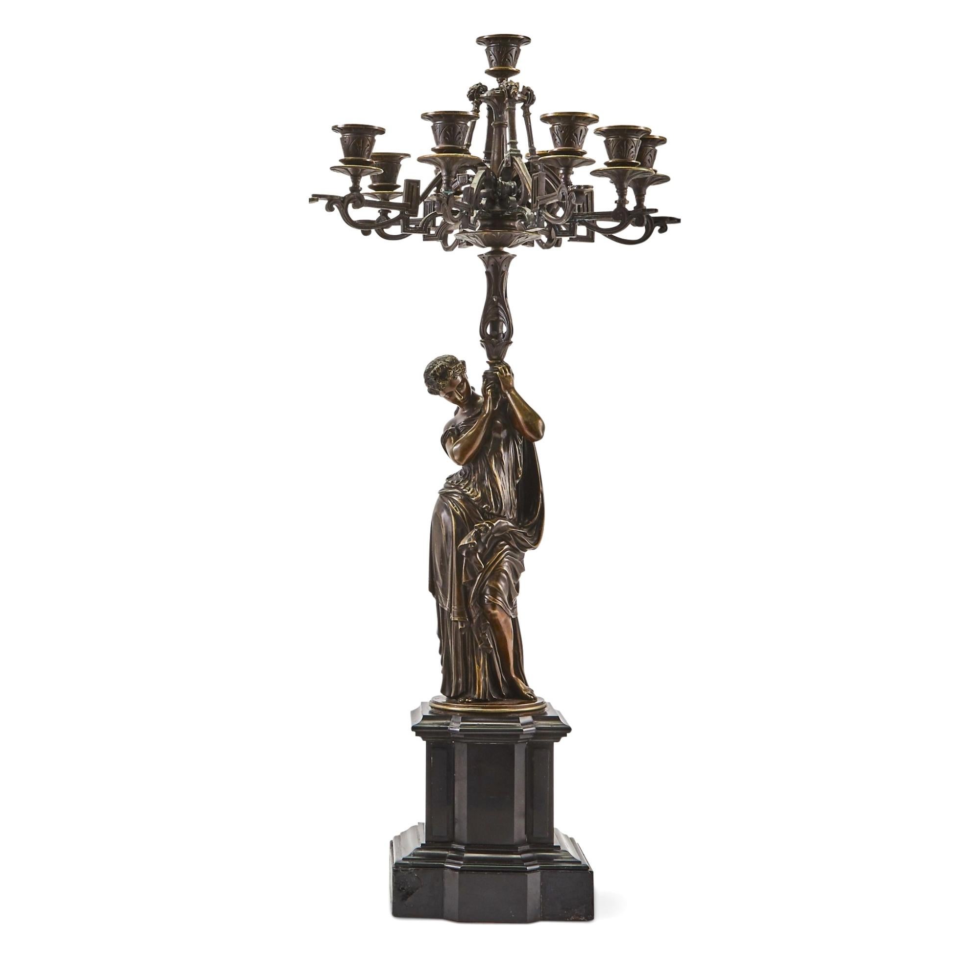 Large Antique French Patinated Bronze/Gilt Seven-Light Candelabras After Moreau For Sale 6