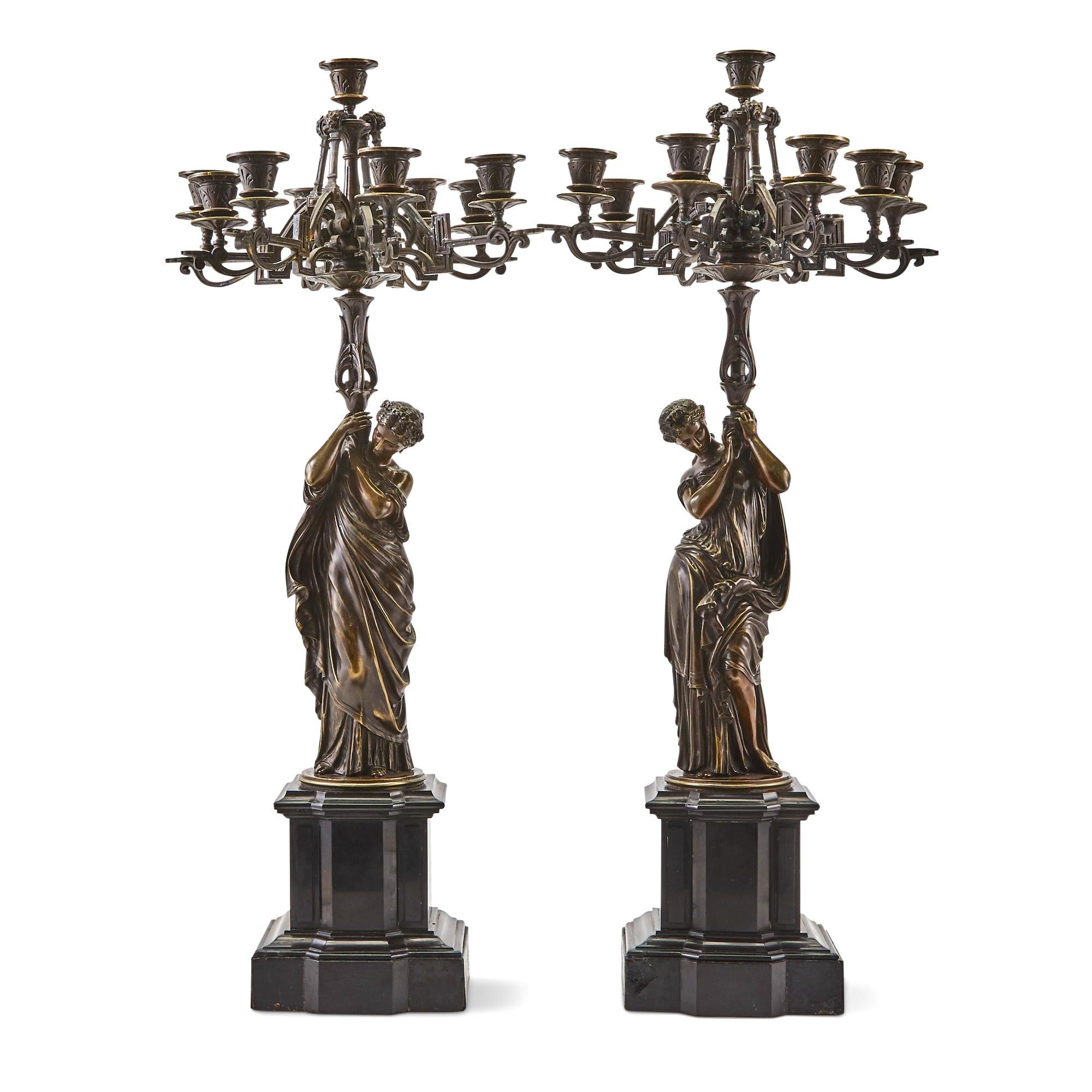 Large Antique French Patinated Bronze/Gilt Seven-Light Candelabras After Moreau For Sale 7