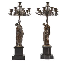 Large Antique French Patinated Bronze/Gilt Seven-Light Candelabras After Moreau