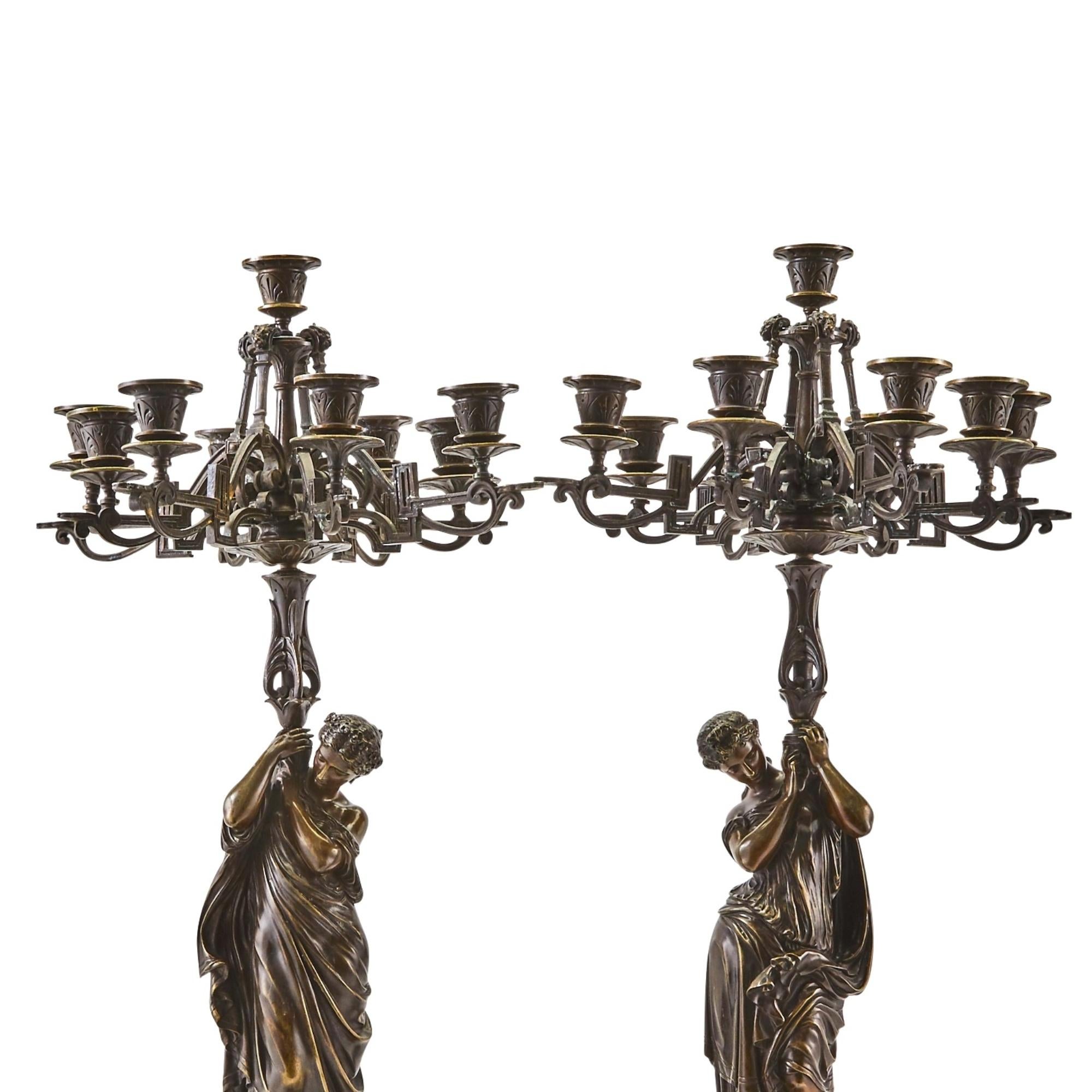 Large Antique French Patinated Bronze/Gilt Seven-Light Candelabras After Moreau For Sale 2