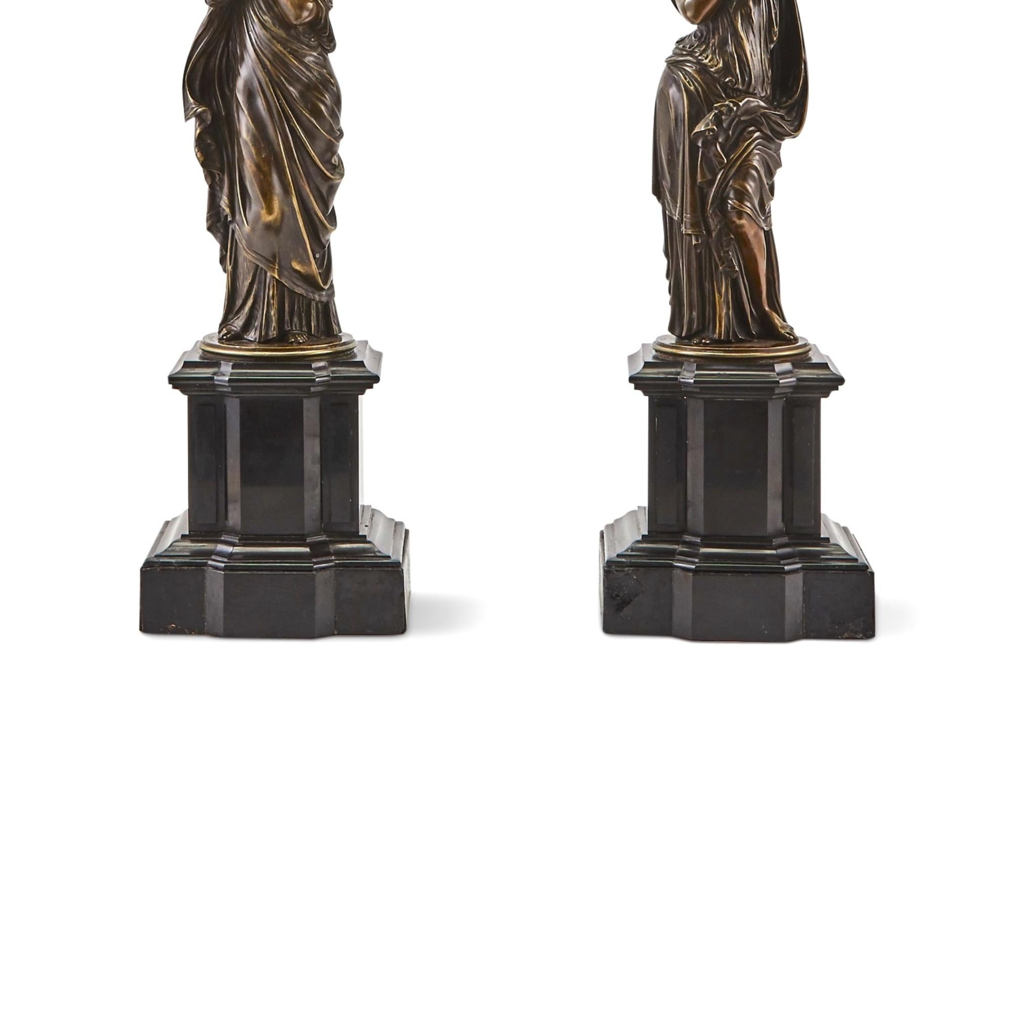 Large Antique French Patinated Bronze/Gilt Seven-Light Candelabras After Moreau For Sale 3