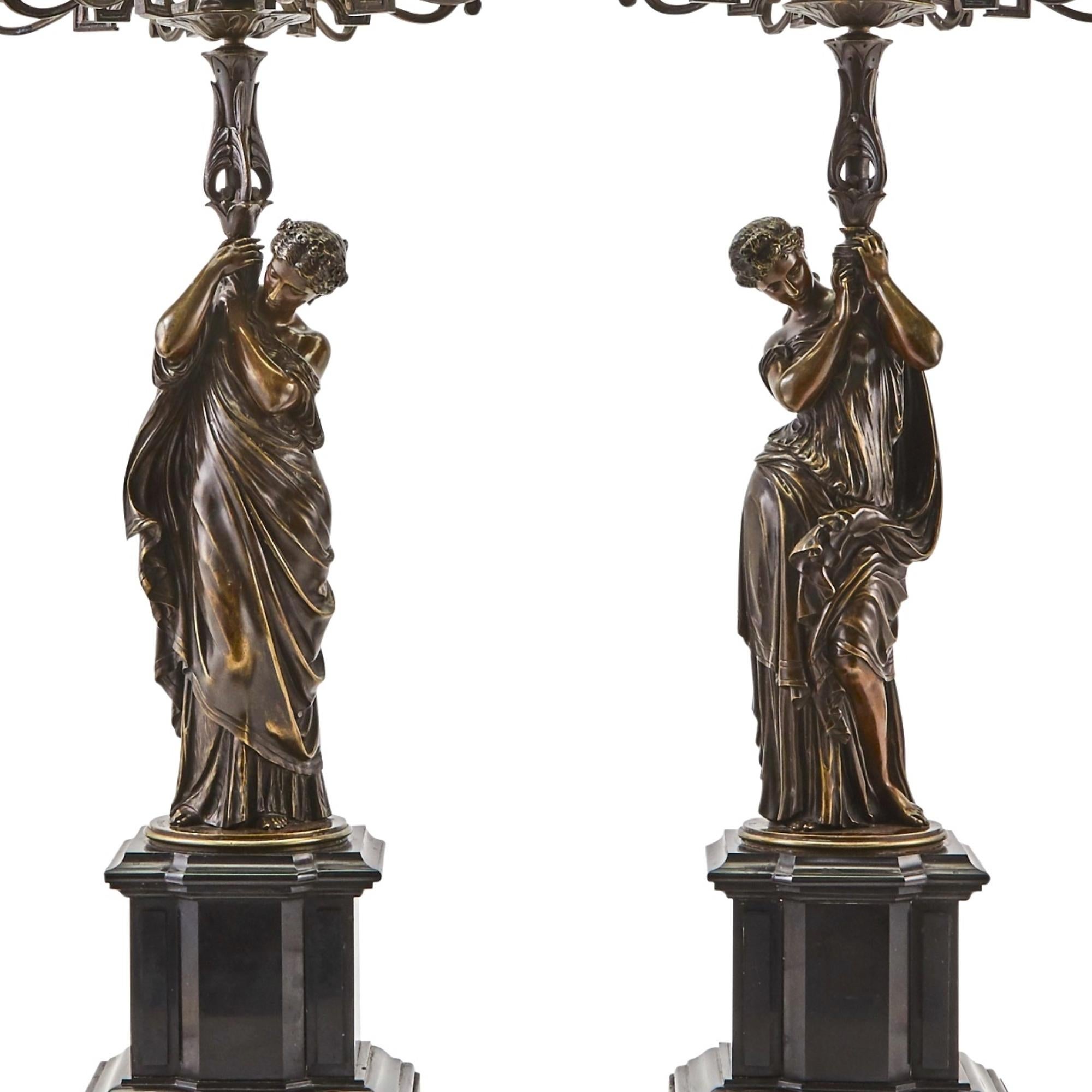 Large Antique French Patinated Bronze/Gilt Seven-Light Candelabras After Moreau For Sale 4