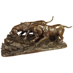 Large Antique French Patinated Bronze of Hunting Hounds, 19th Century