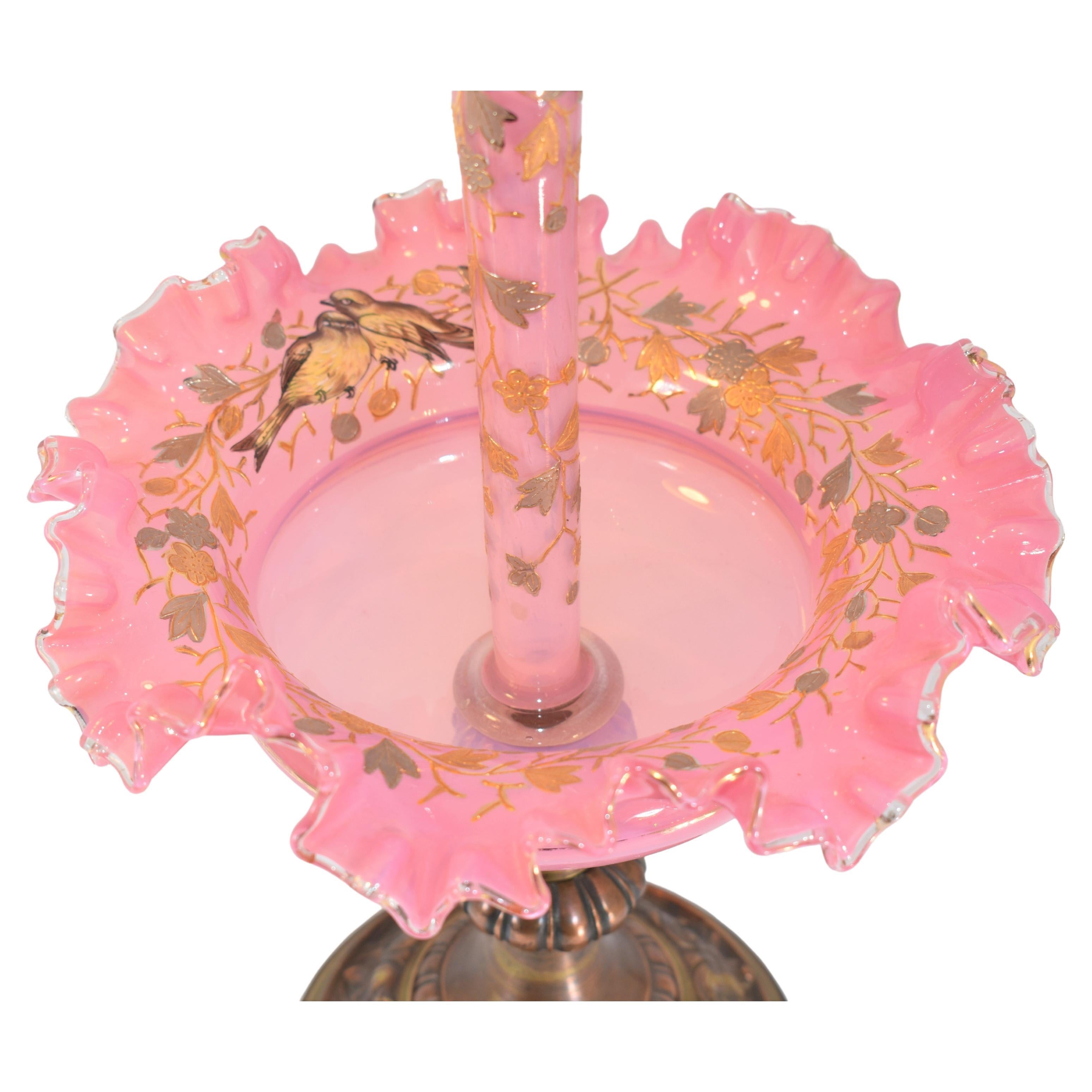 Enameled Large Antique Moser Pink Opaline Glass Epergne Centerpiece, 19th Century For Sale