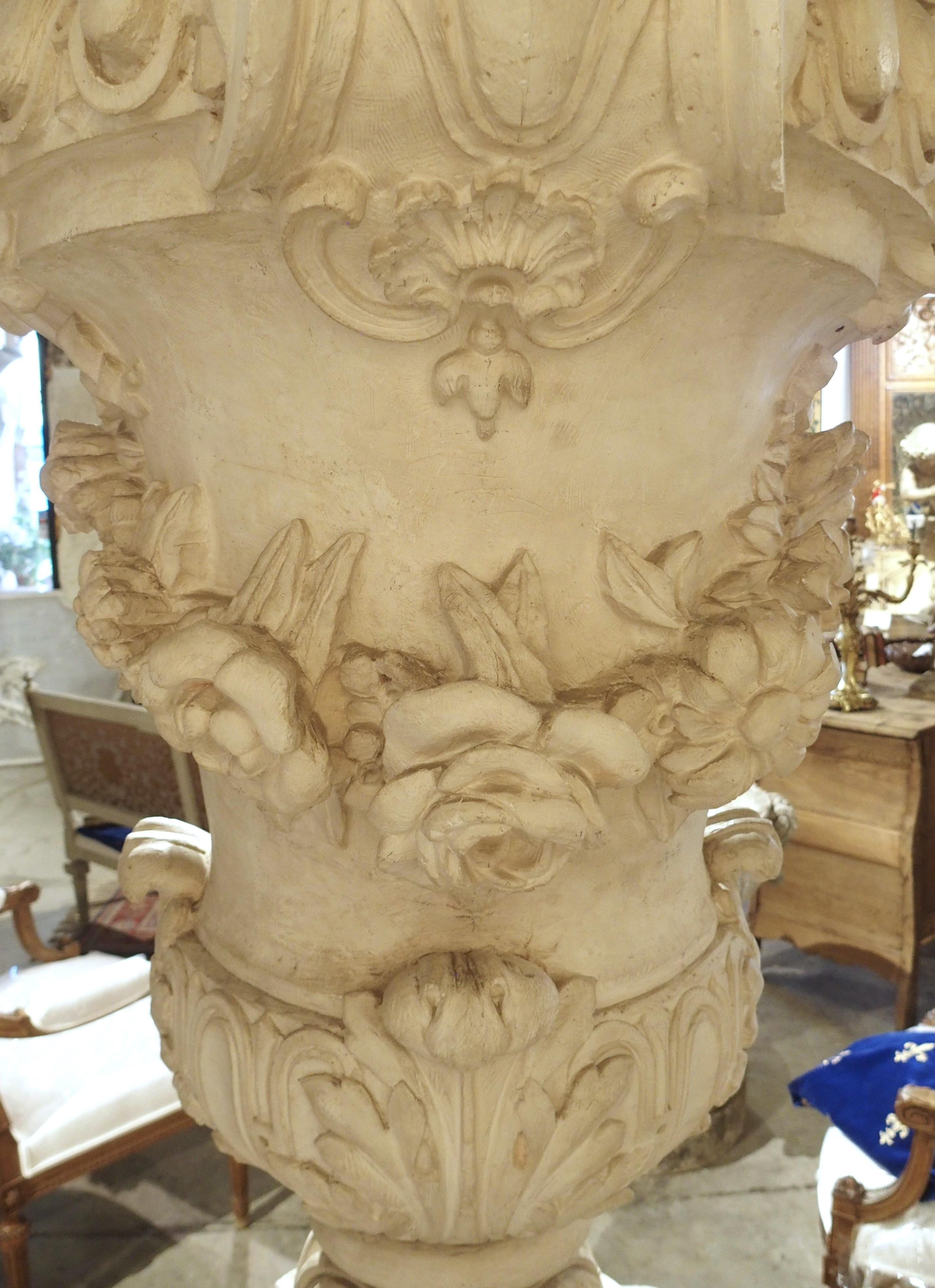 Large Antique French Plaster Pot A Feu Urn on Faux Marble Pedestal, 19th Century For Sale 8