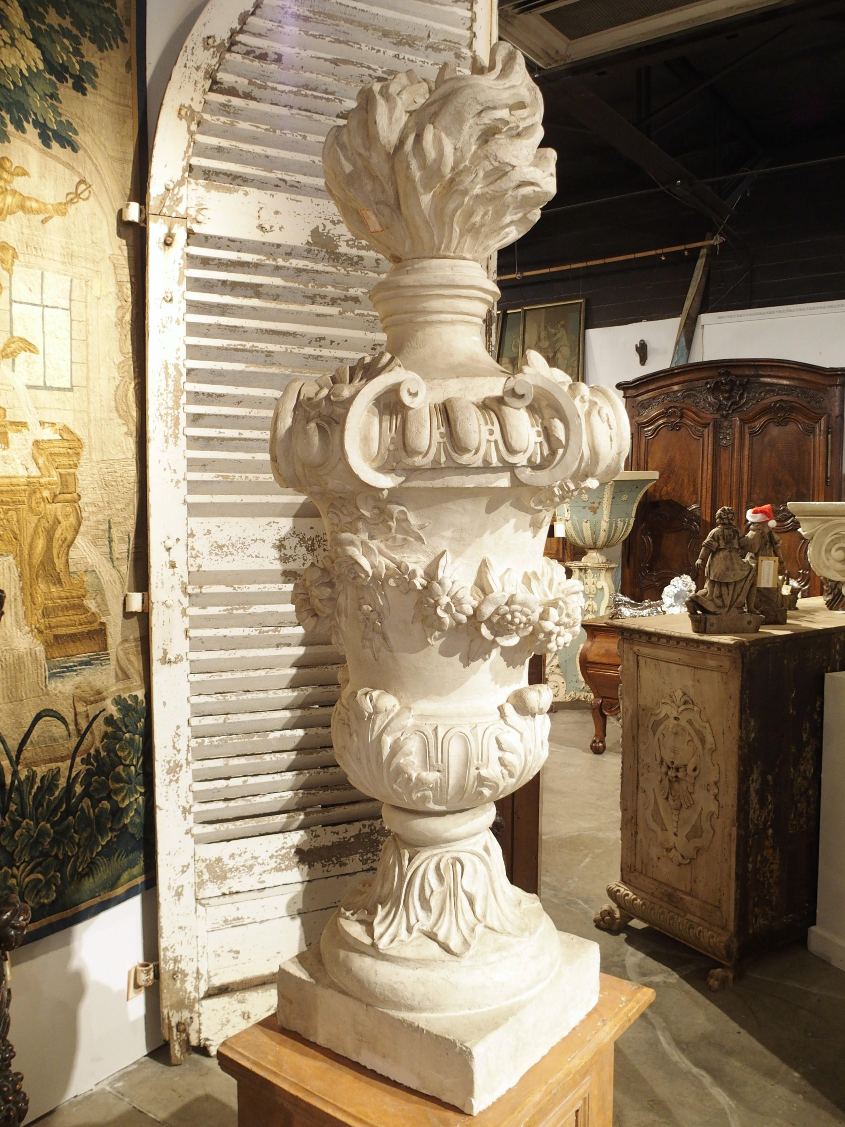 Large Antique French Plaster Pot A Feu Urn on Faux Marble Pedestal, 19th Century For Sale 11