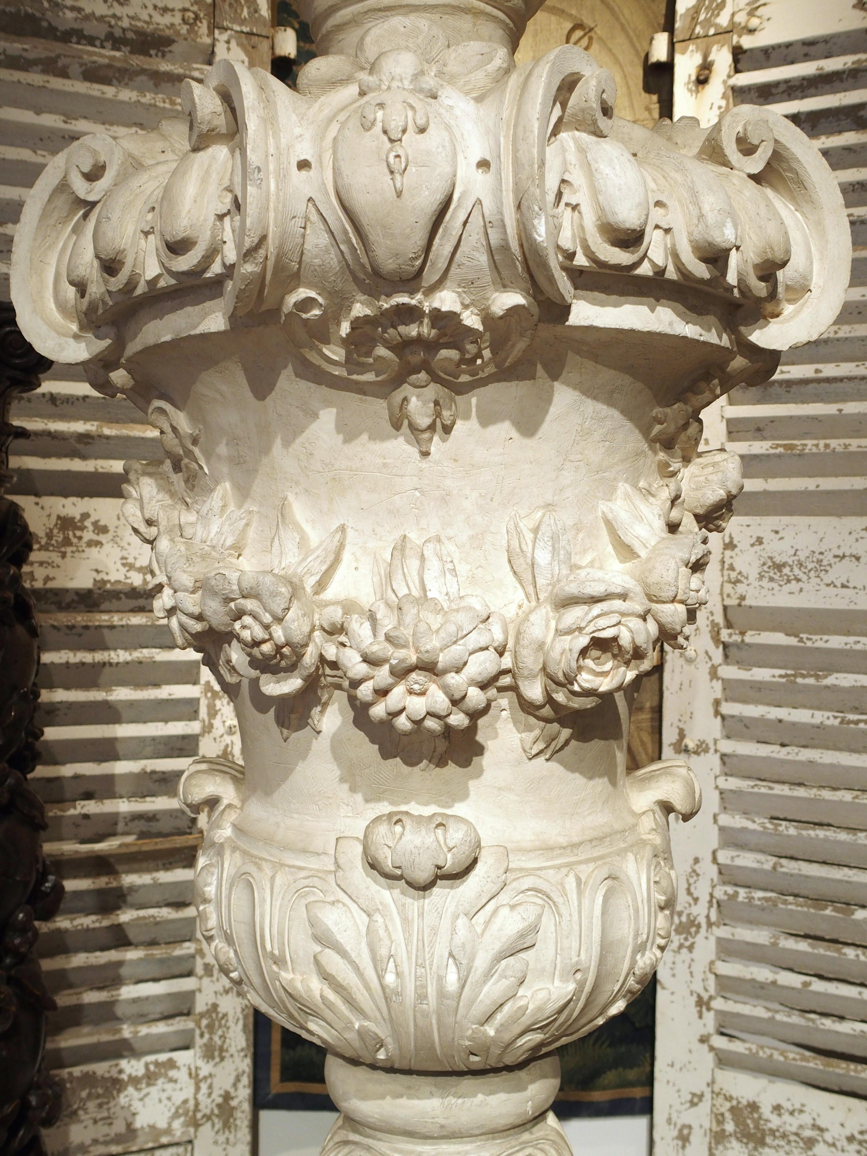 Large Antique French Plaster Pot A Feu Urn on Faux Marble Pedestal, 19th Century For Sale 2