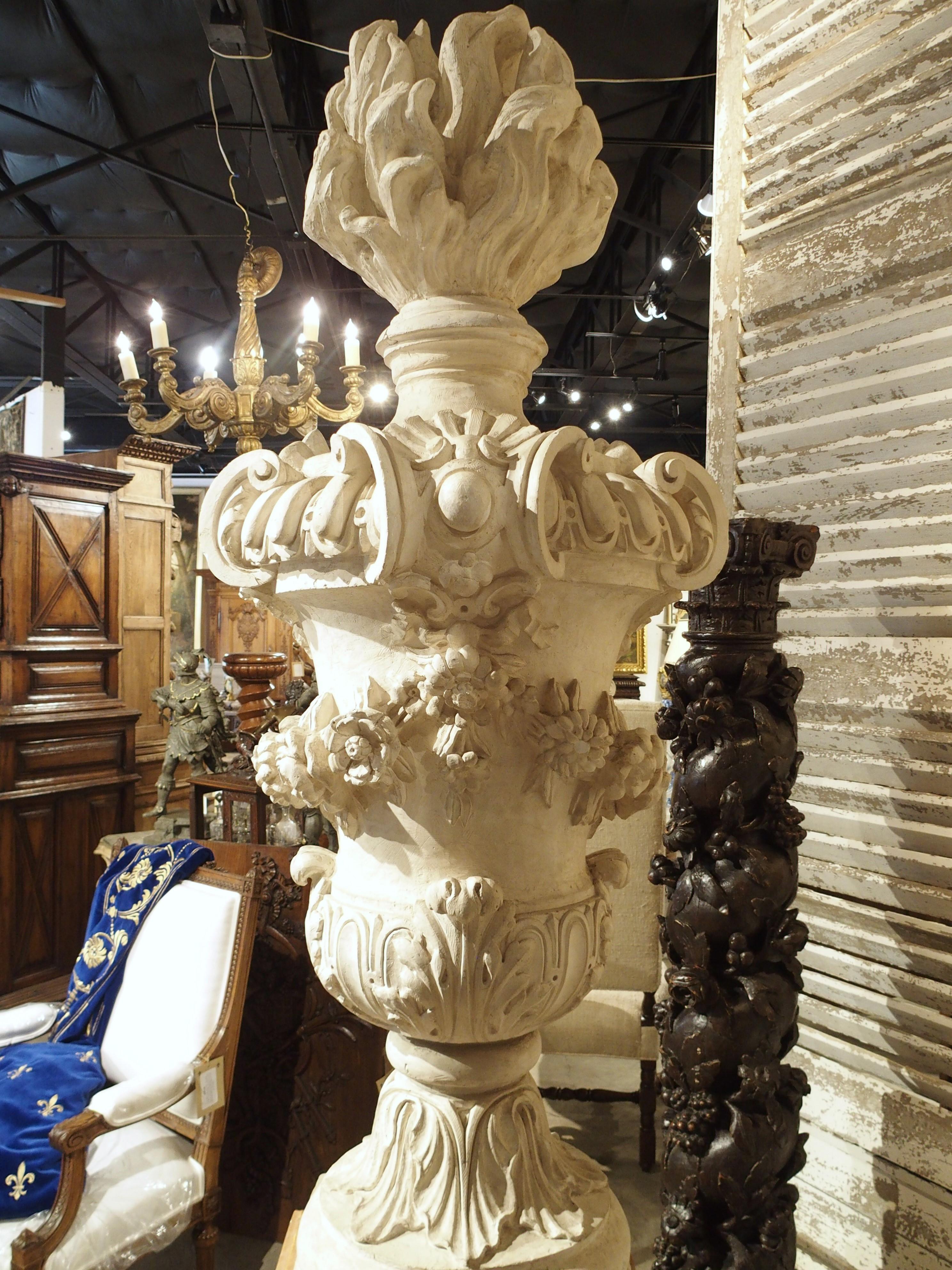 Large Antique French Plaster Pot A Feu Urn on Faux Marble Pedestal, 19th Century For Sale 4