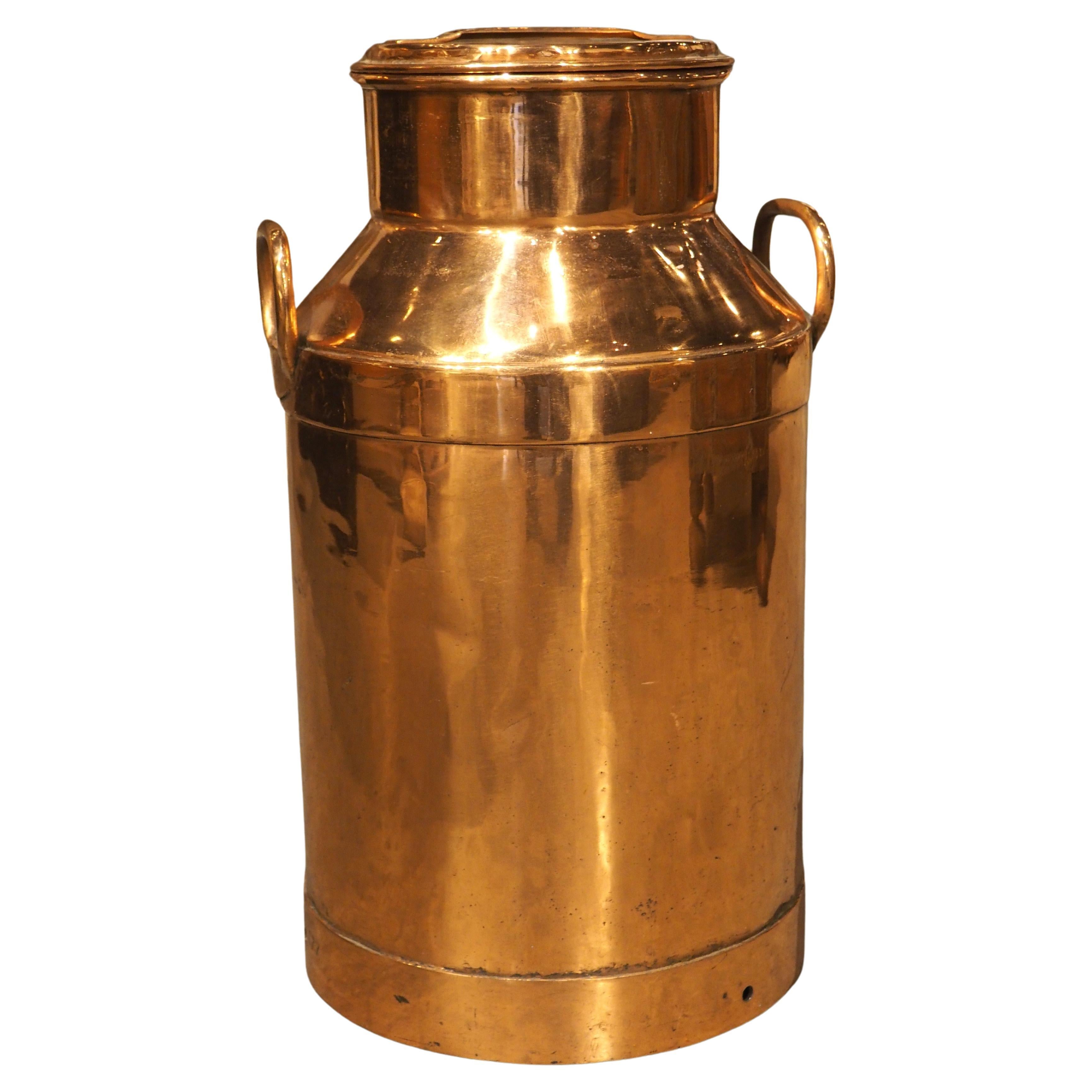 Large Antique French Polished Copper Milk Container "77", Early 1900s