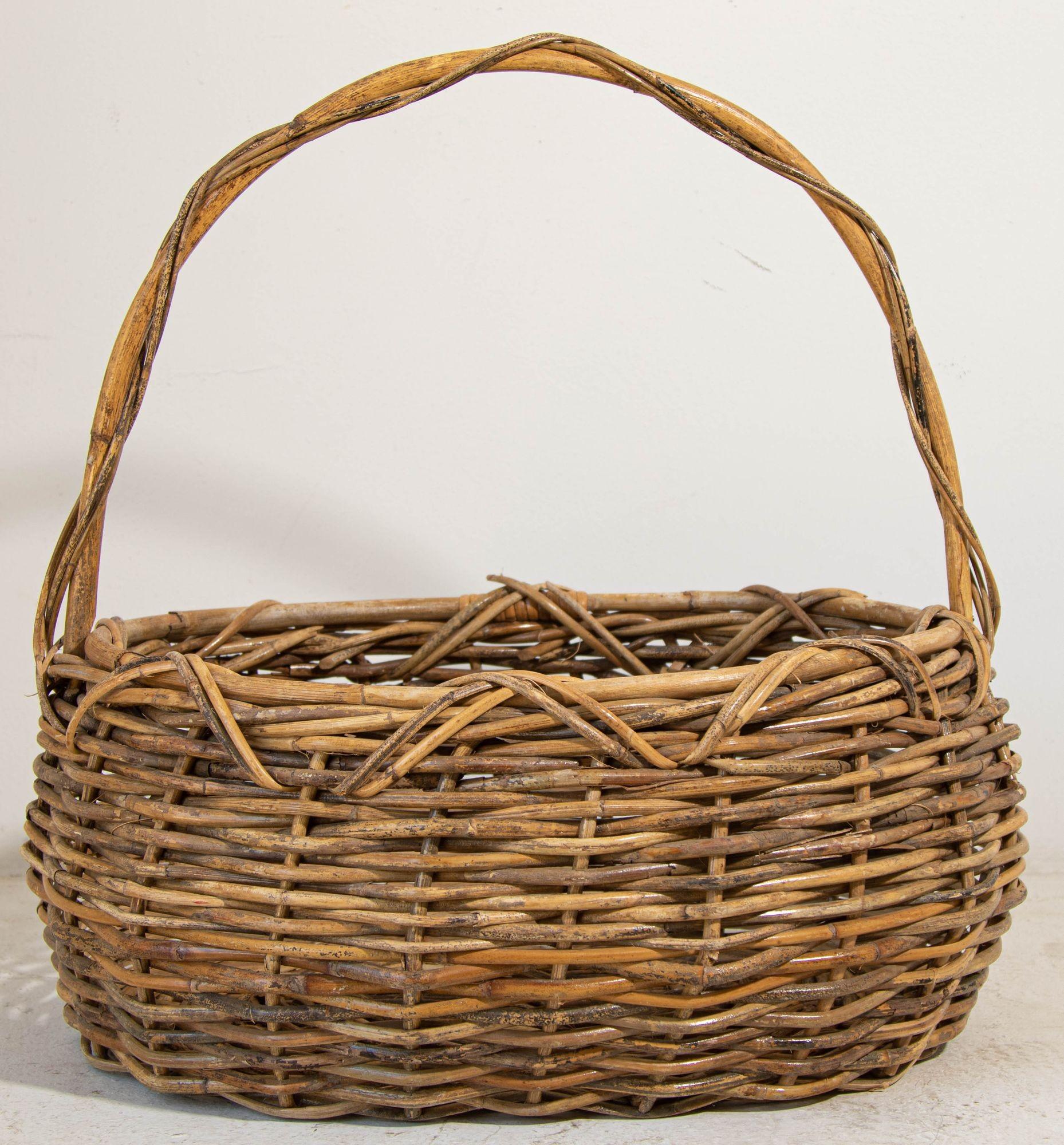Large Antique South of France Provincial Grape Harvest Basket Handwoven Wicker with single handle.
Old weathered surface, great structural condition, circa 1940.
This large woven basket features a large single handle, thicker wicker, and sturdy