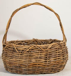 Large Antique French Provincial Grape Harvest Wicker Basket with Single Handle