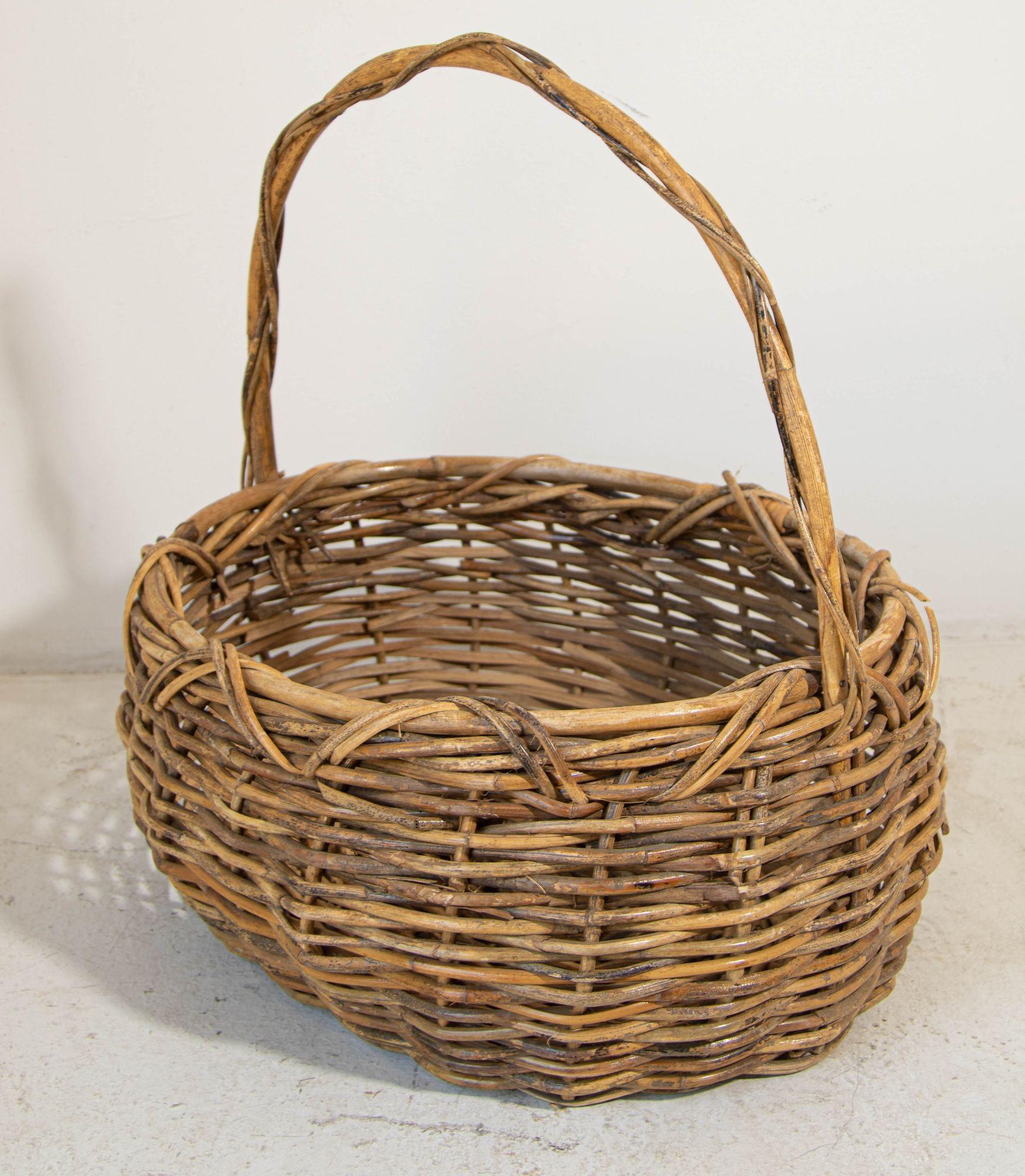 20th Century Large Antique French Provincial Grape Harvest Wicker Basket with Single Handle For Sale