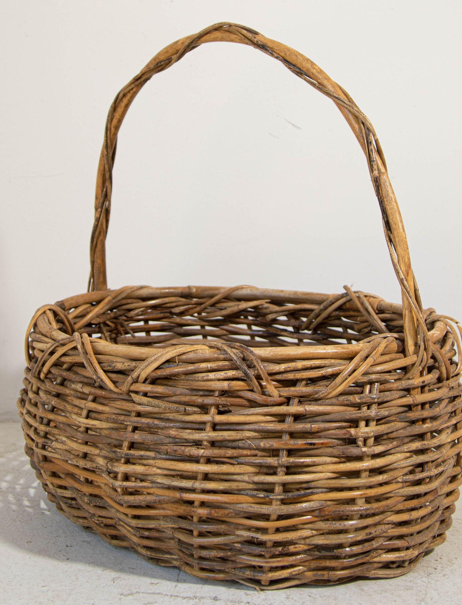 Large Antique French Provincial Grape Harvest Wicker Basket with Single Handle For Sale 1