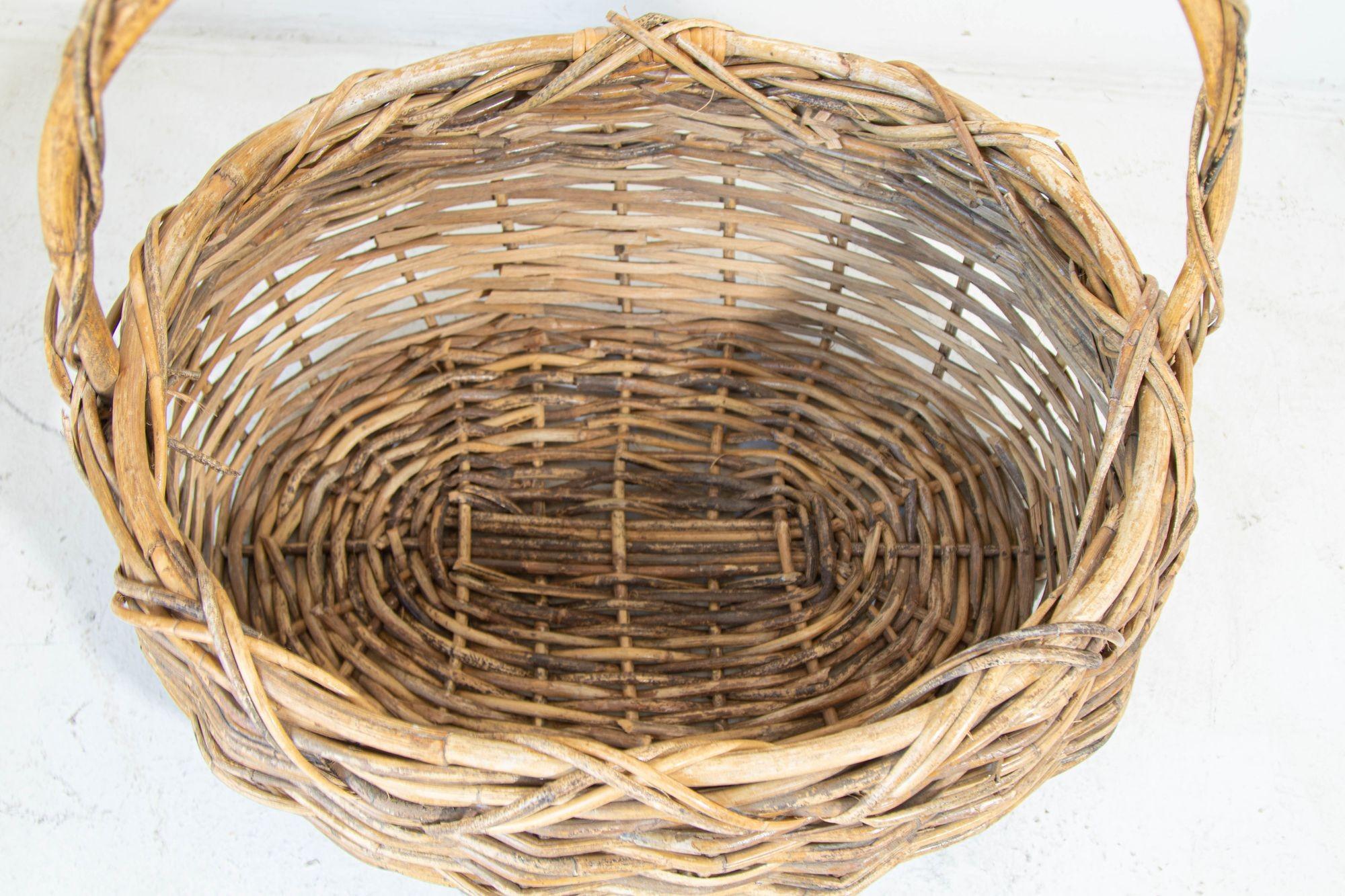Large Antique French Provincial Grape Harvest Wicker Basket with Single Handle For Sale 3
