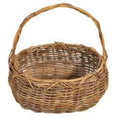 Large Used French Provincial Grape Harvest Wicker Basket with Single Handle