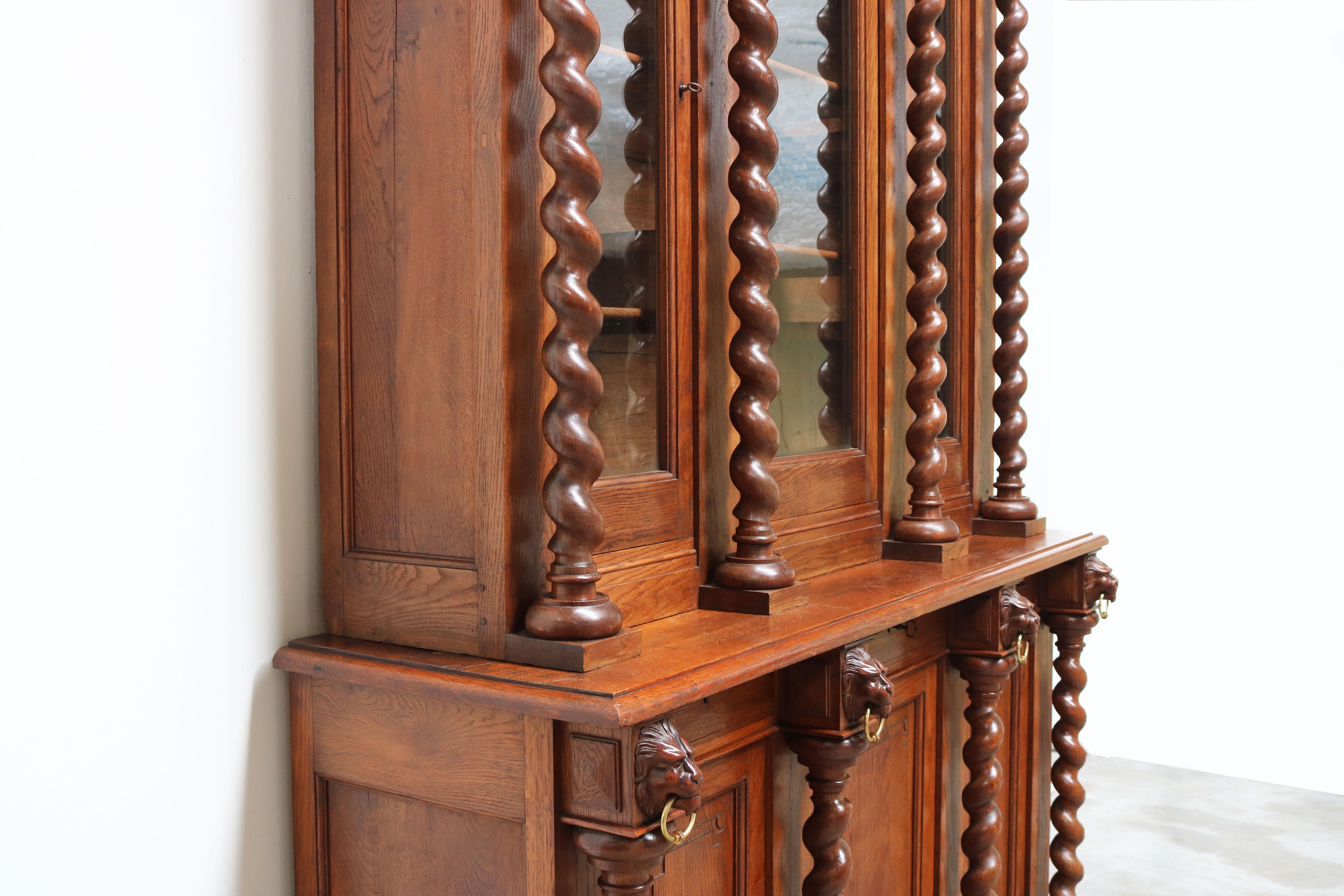 Hand-Carved Large Antique French Renaissance Bookcase Cabinet 19th Century Barley Twist Oak For Sale