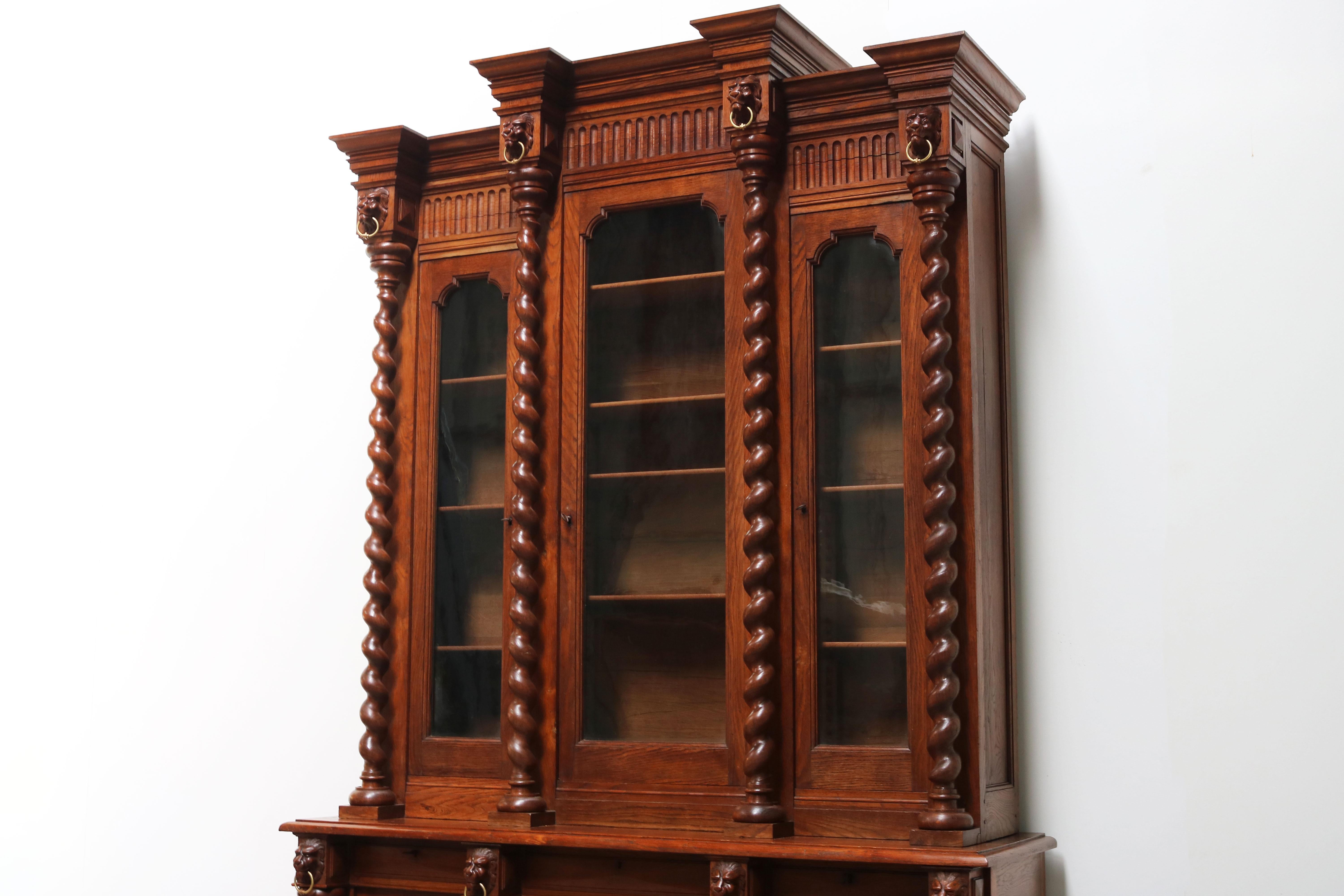 Late 19th Century Large Antique French Renaissance Bookcase Cabinet 19th Century Barley Twist Oak For Sale