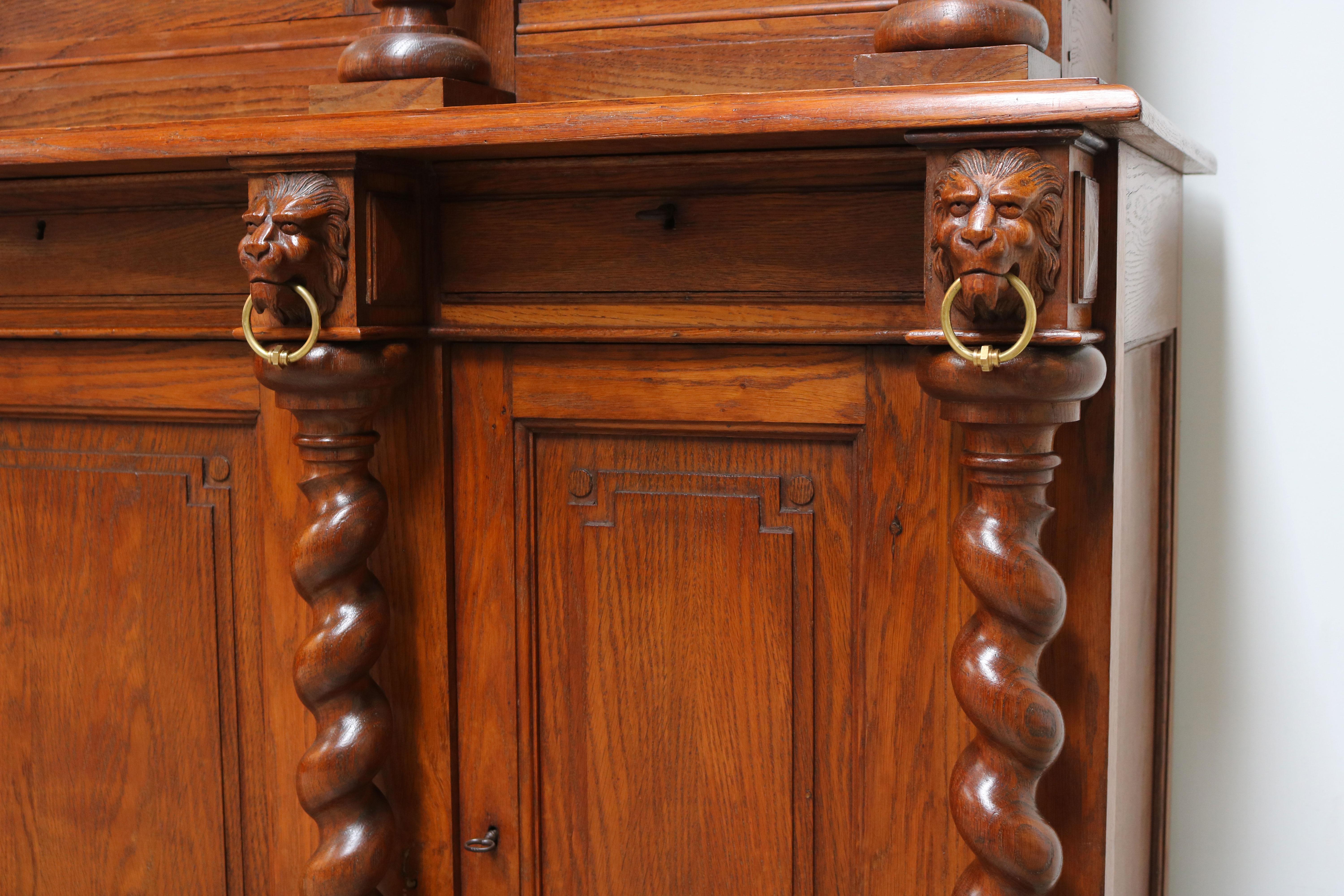 Brass Large Antique French Renaissance Bookcase Cabinet 19th Century Barley Twist Oak For Sale