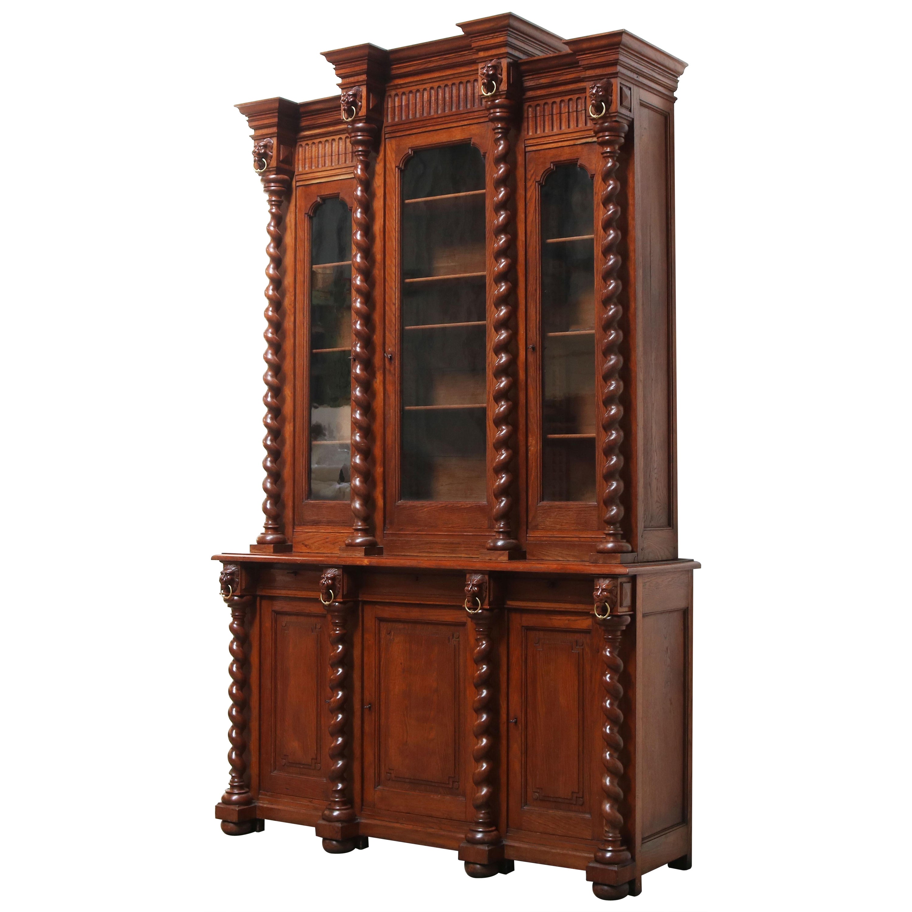 Grande armoire bibliothèque ancienne French Renaissance 19ème siècle Chêne torsadé à l'orge