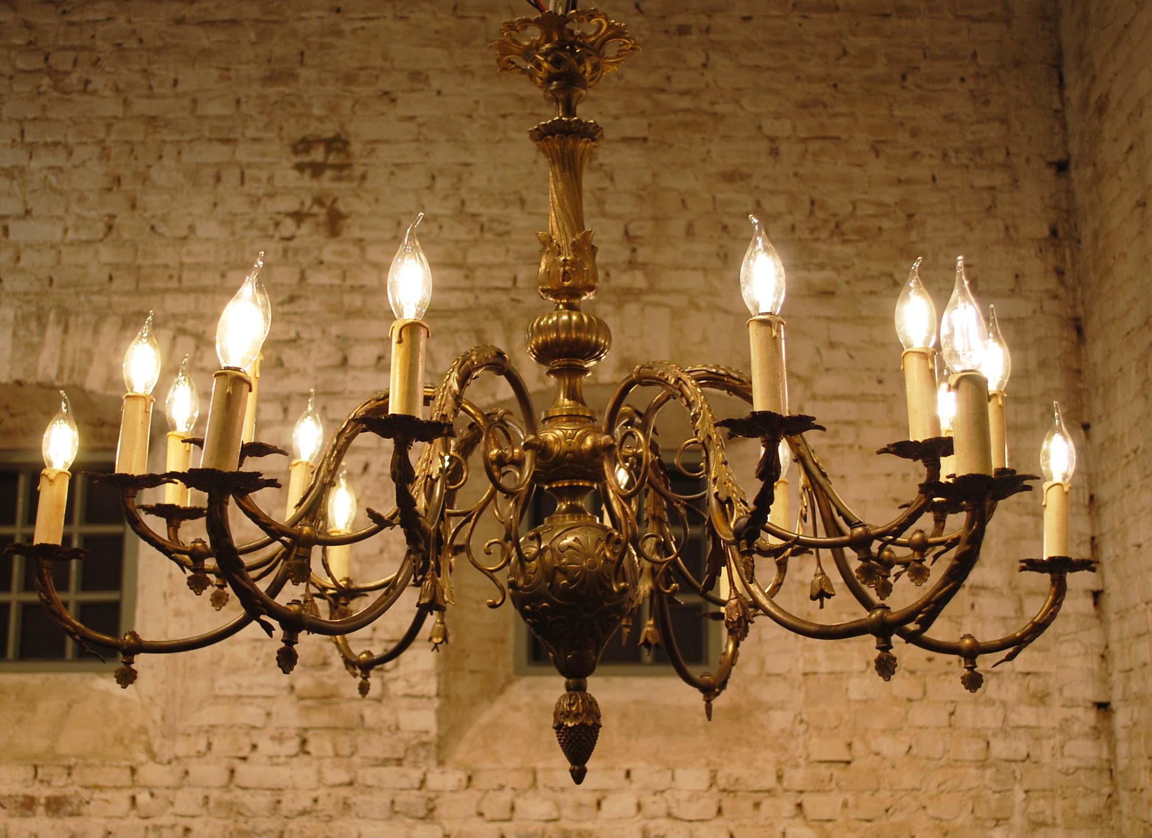 Large Antique French Renaissance Style Brass Electric Chandelier with 18 Lights 6