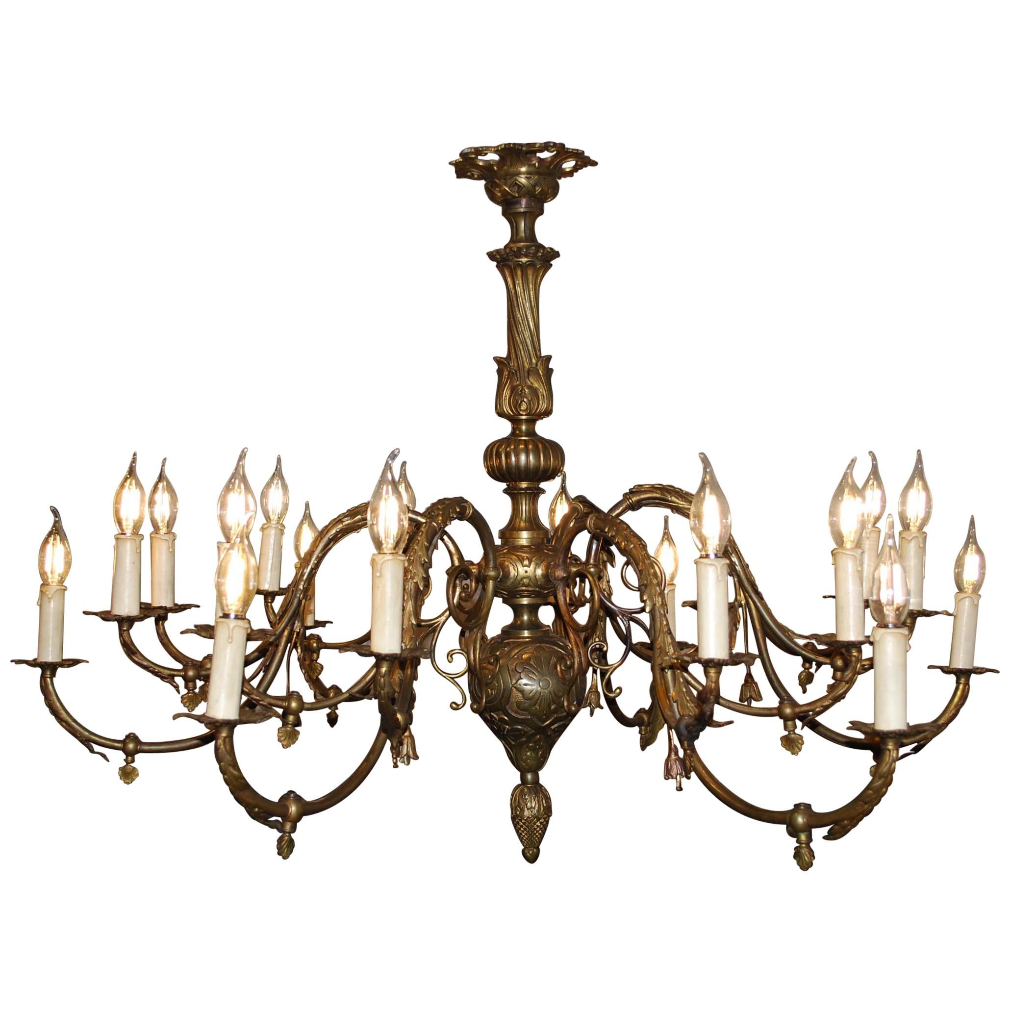 Large Antique French Renaissance Style Brass Electric Chandelier with 18 Lights