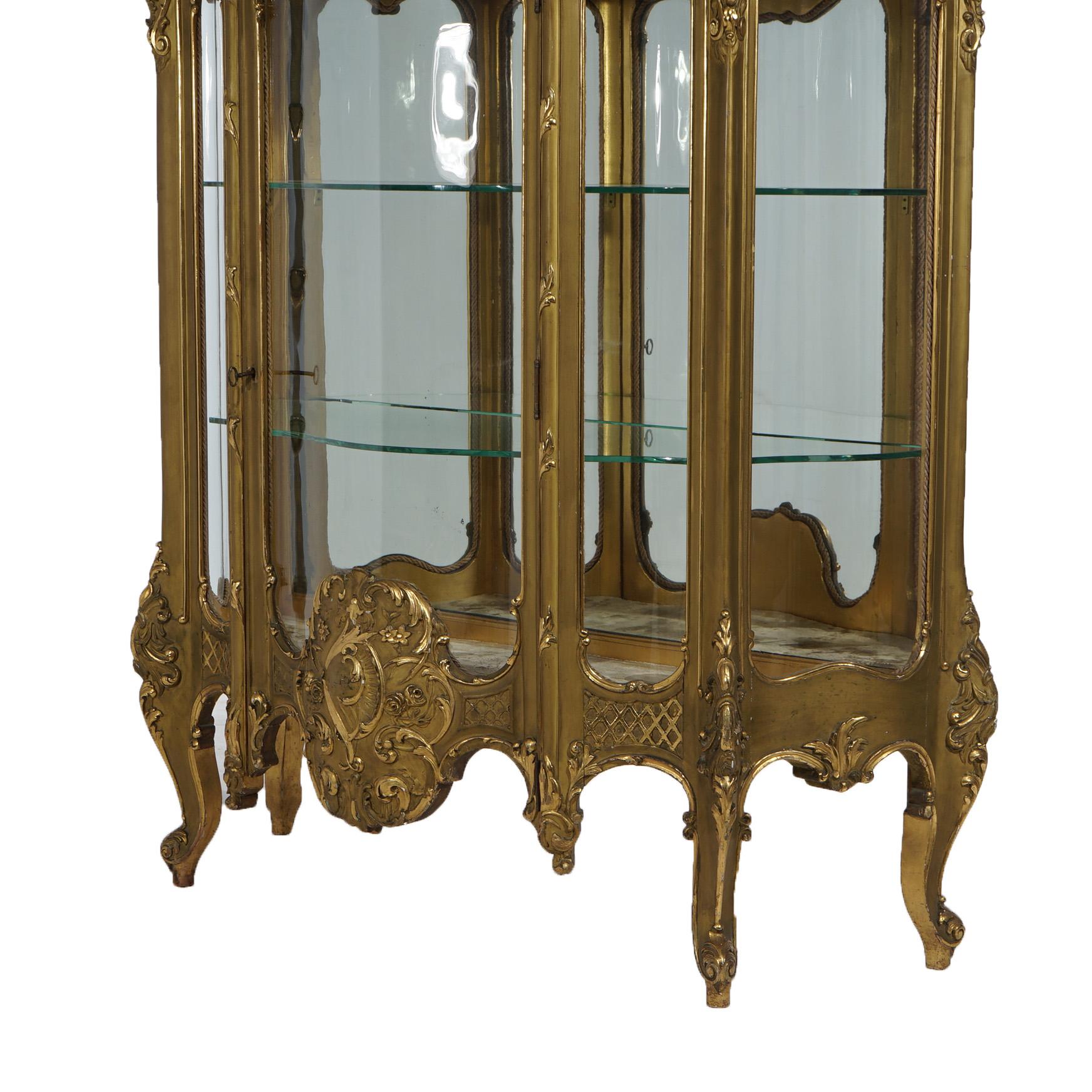 Large Antique French Rococo Figural Gold Giltwood Mirrored Display Vitrine 19thC In Good Condition In Big Flats, NY
