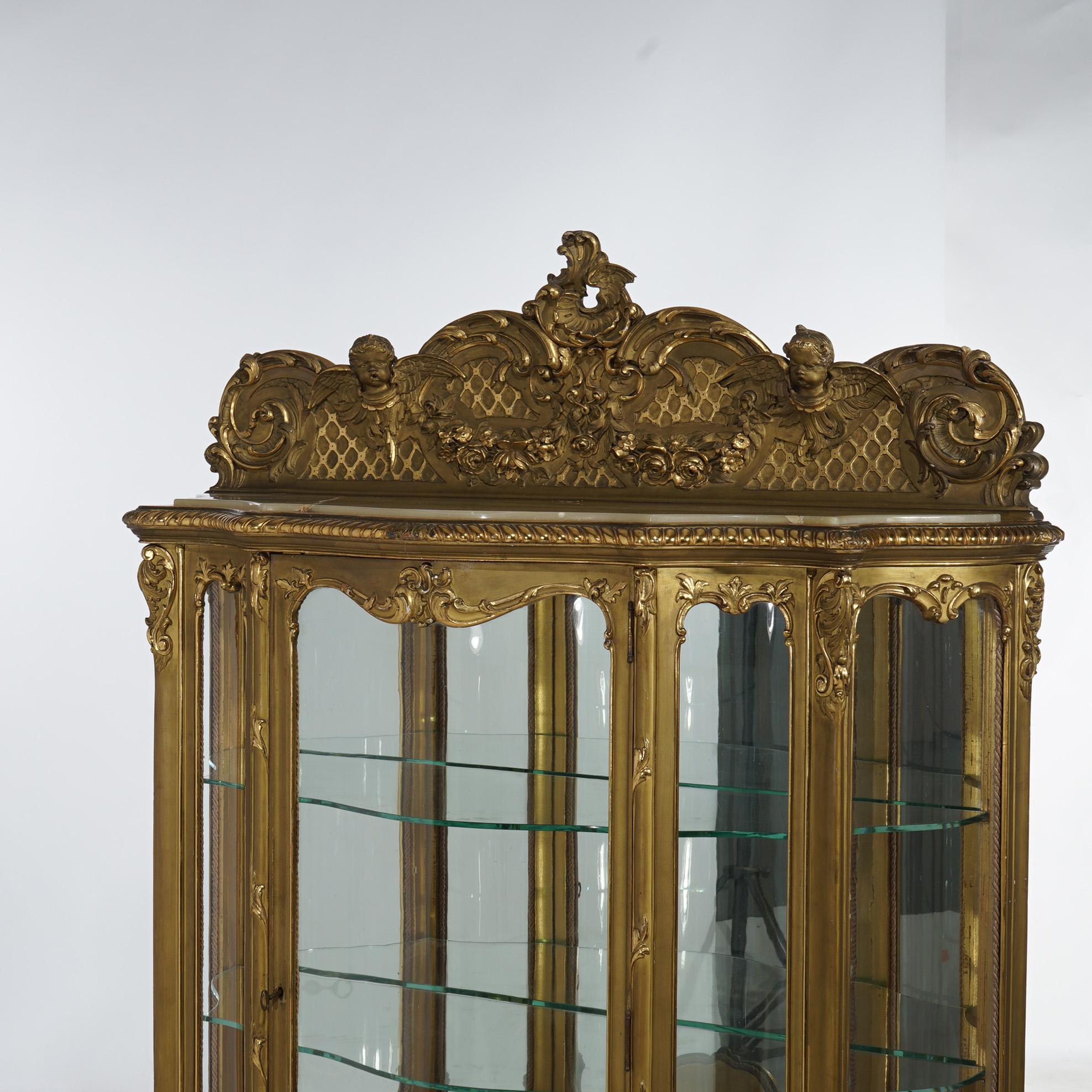 Glass Large Antique French Rococo Figural Gold Giltwood Mirrored Display Vitrine 19thC