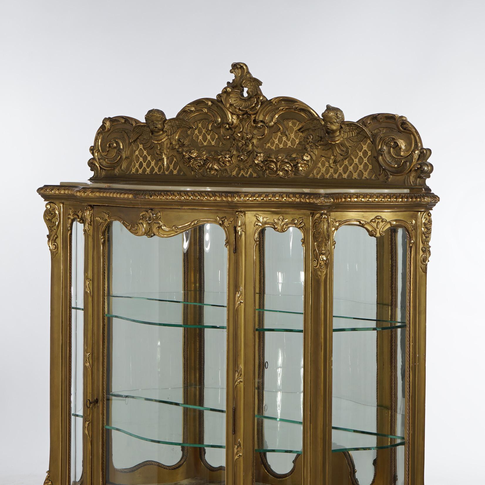 Large Antique French Rococo Figural Gold Giltwood Mirrored Display Vitrine 19thC 1