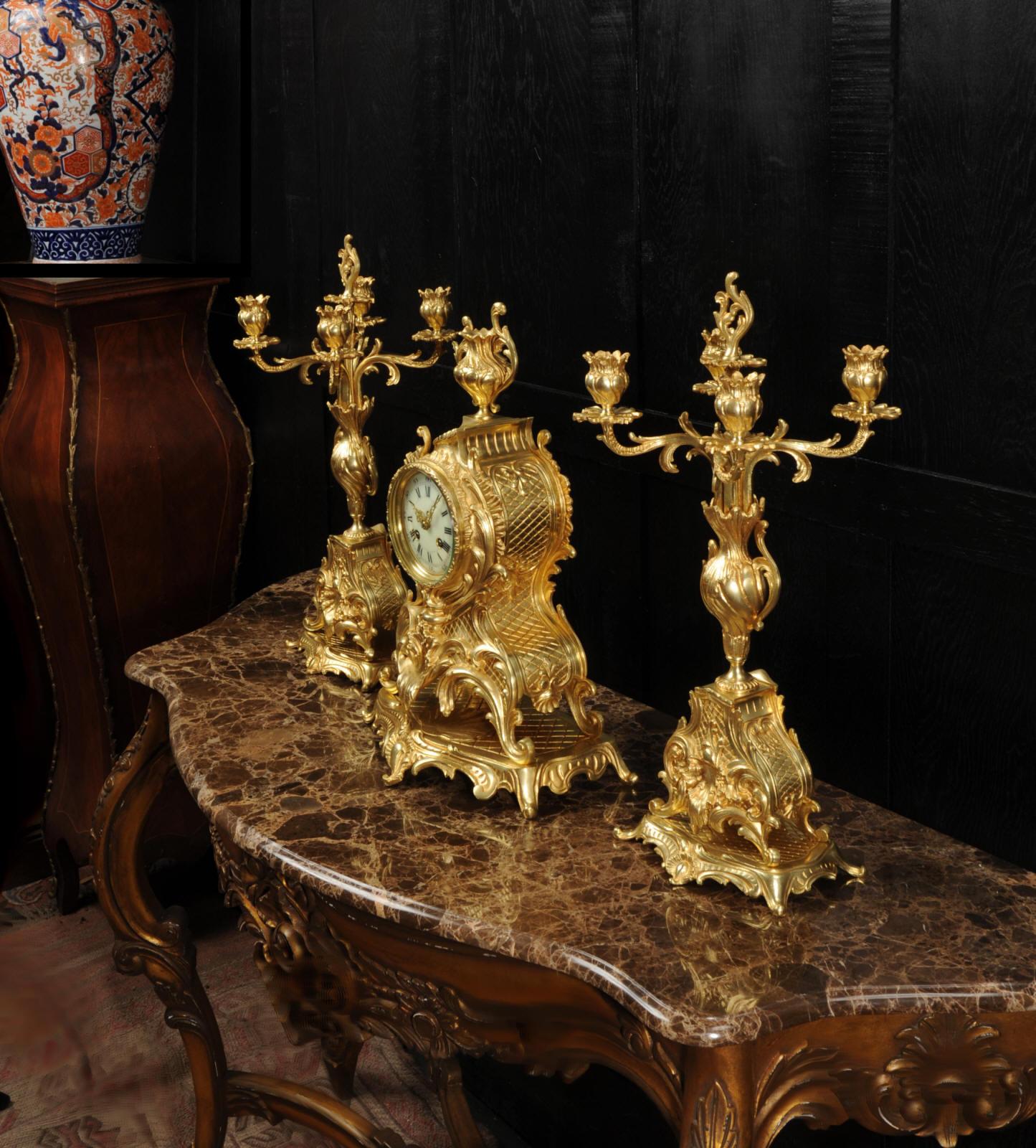 Large Antique French Rococo Gilt Bronze Candelabra Clock Set For Sale 5